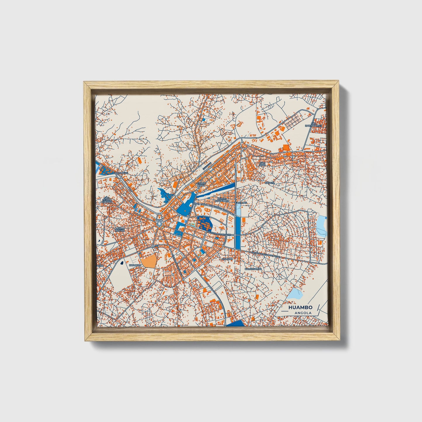 Huambo Angola Colorful City Map Canvas Print • Natural Wooden Framed