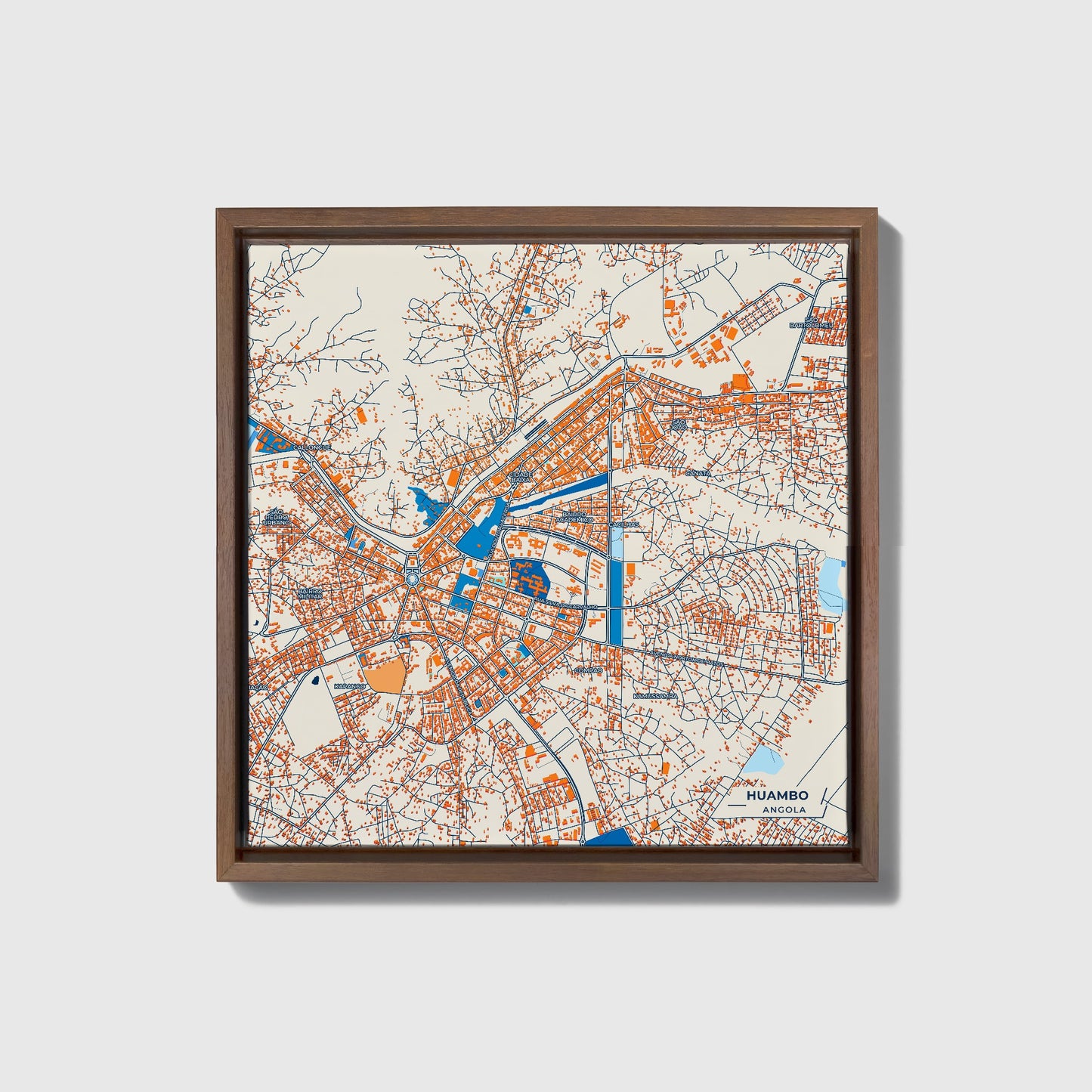 Huambo Angola Colorful City Map Canvas Print • Dark Wooden Framed