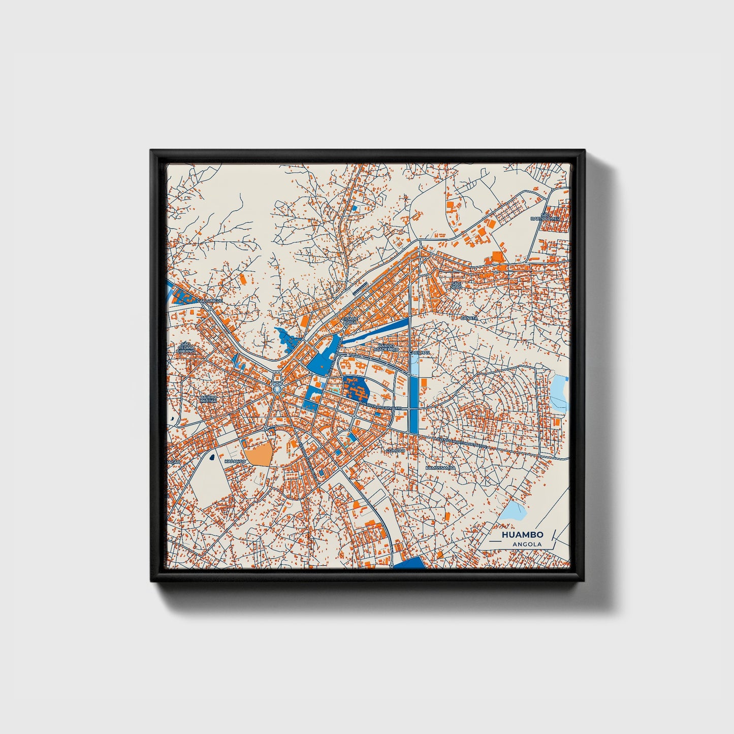 Huambo Angola Colorful City Map Canvas Print • Black Framed