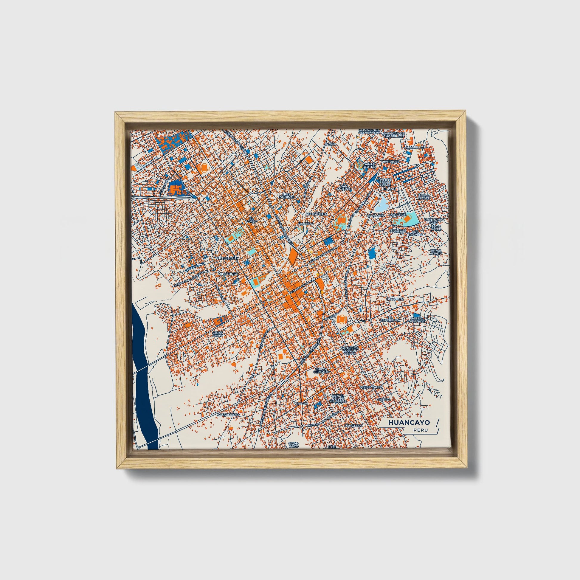 Huancayo Peru Colorful City Map Canvas Print • Natural Wooden Framed
