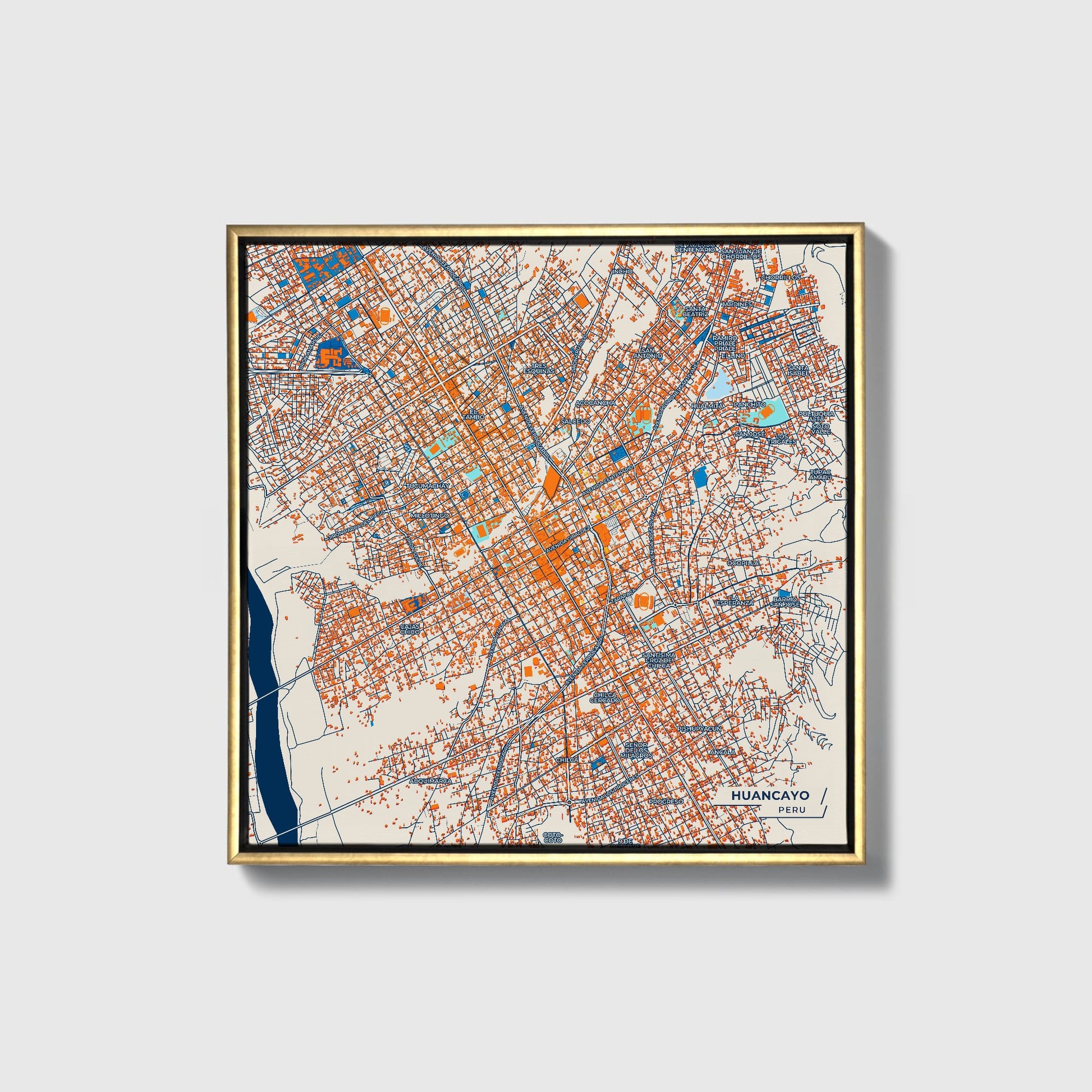 Huancayo Peru Colorful City Map Canvas Print • Gold Framed
