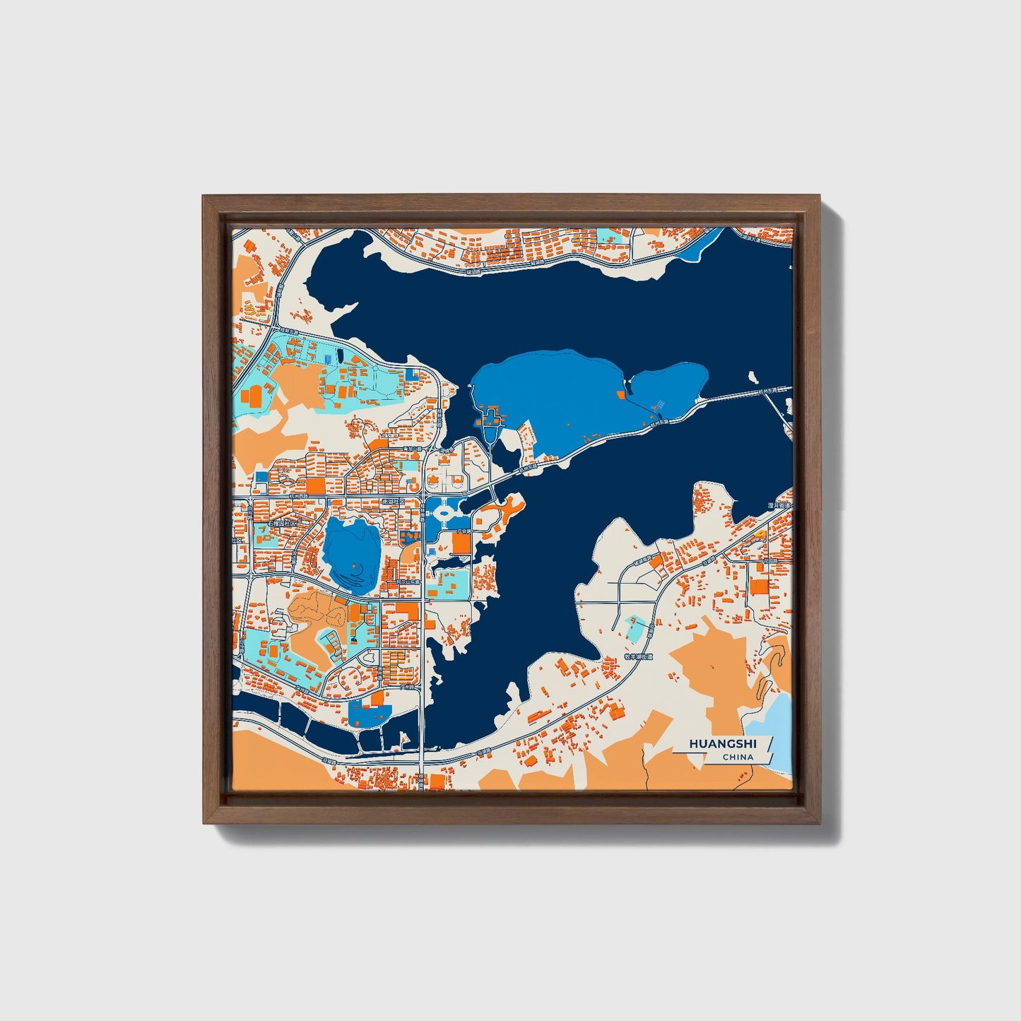 Huangshi China Colorful City Map Canvas Print • Dark Wooden Framed
