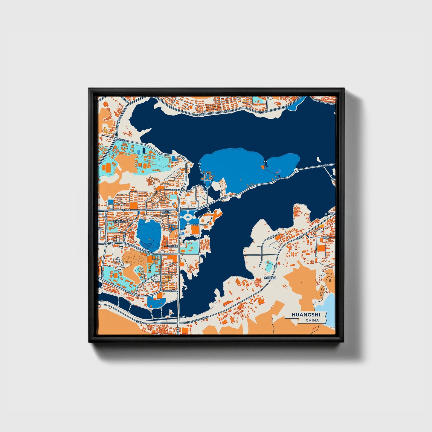 Huangshi China Colorful City Map Canvas Print • Black Framed