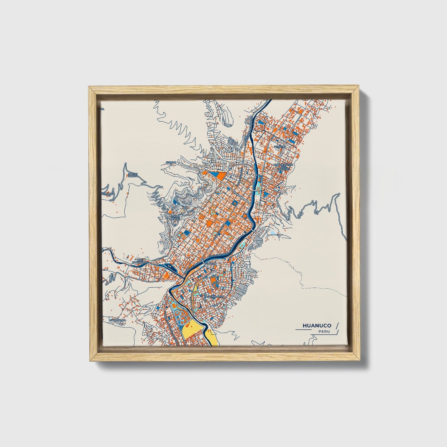 Huanuco Peru Colorful City Map Canvas Print • Natural Wooden Framed