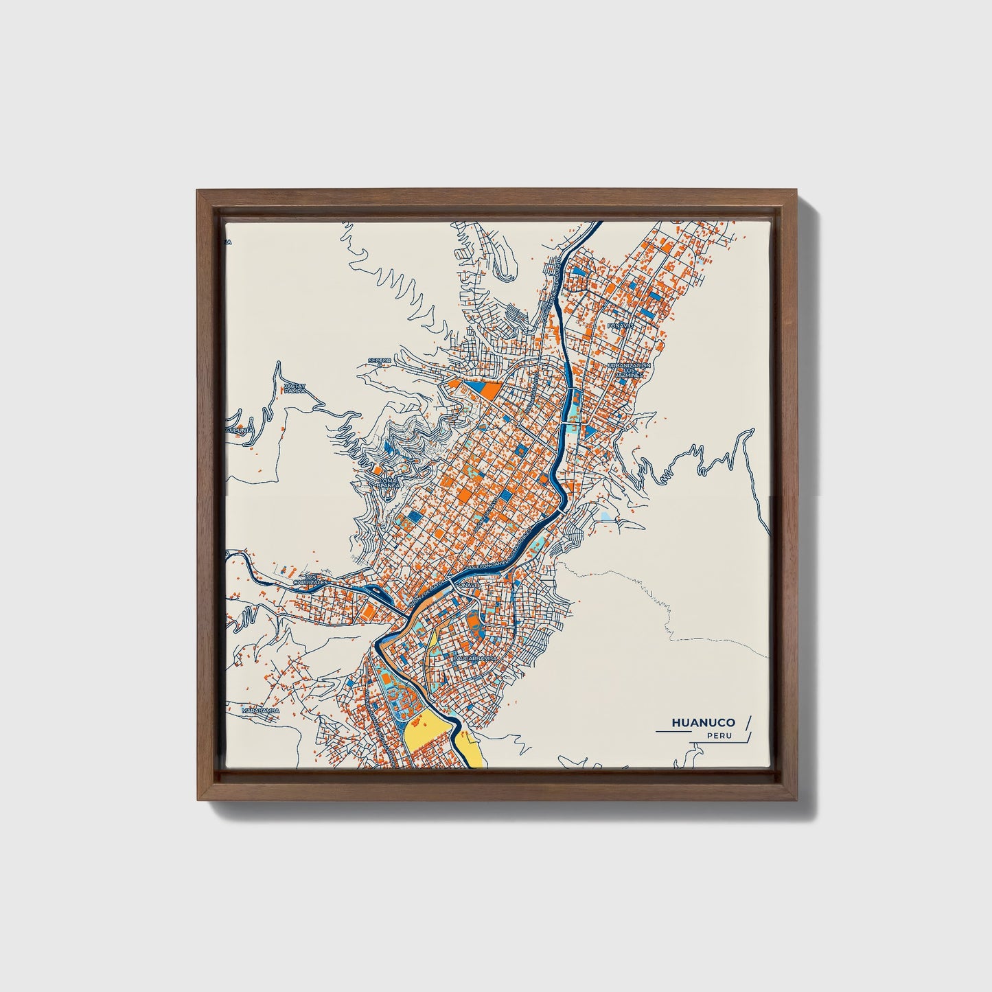 Huanuco Peru Colorful City Map Canvas Print • Dark Wooden Framed