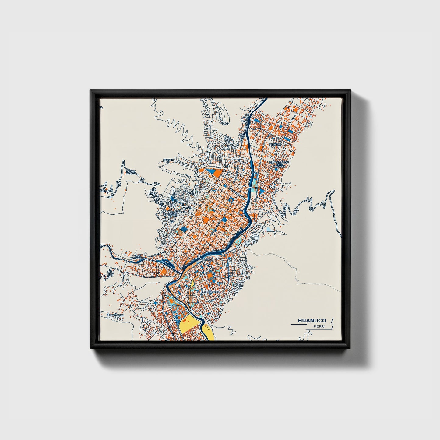 Huanuco Peru Colorful City Map Canvas Print • Black Framed