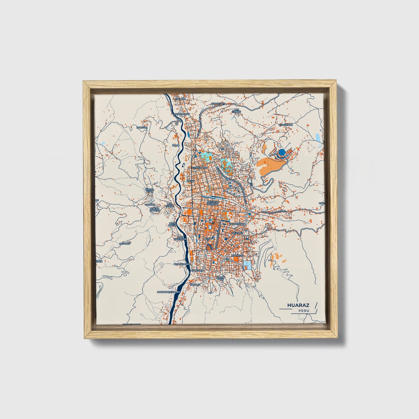 Huaraz Peru Colorful City Map Canvas Print • Natural Wooden Framed