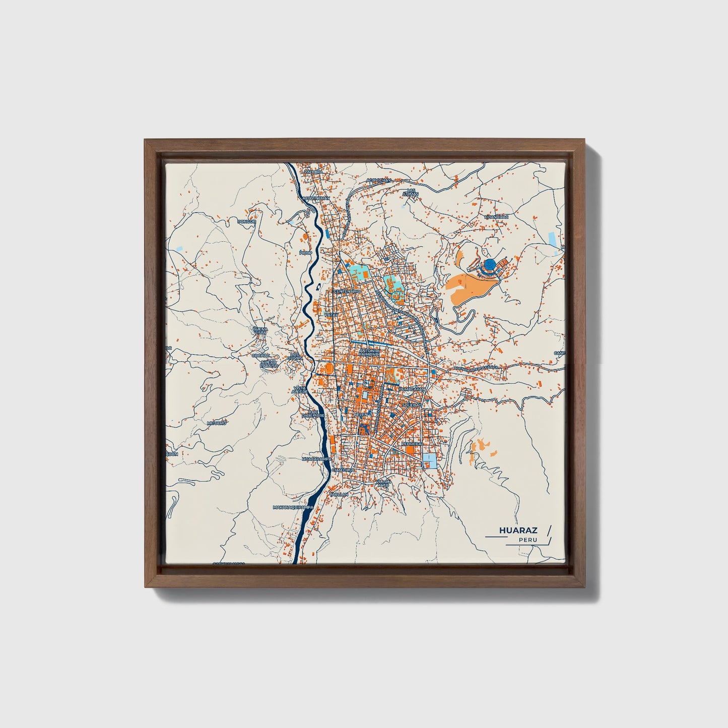 Huaraz Peru Colorful City Map Canvas Print • Dark Wooden Framed