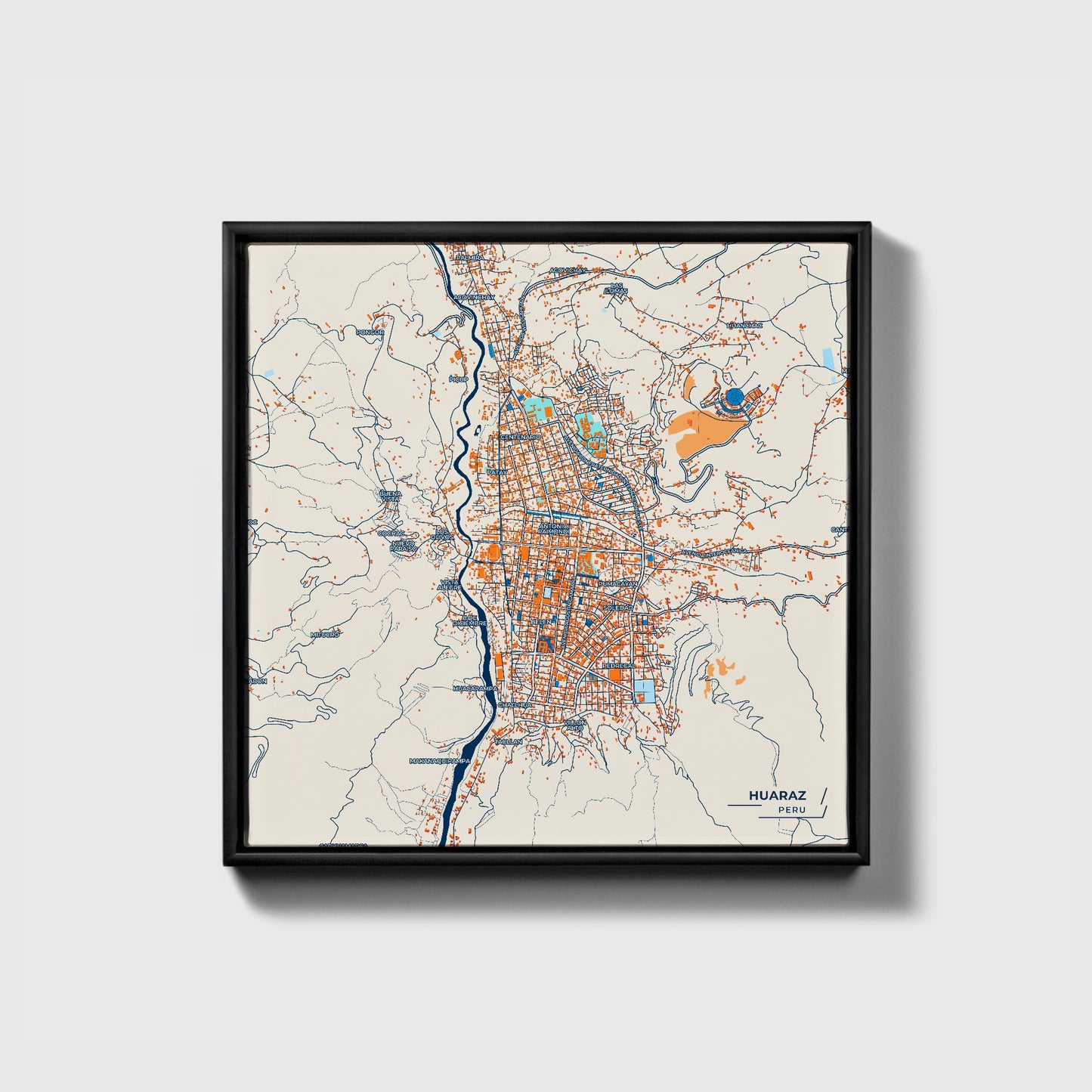 Huaraz Peru Colorful City Map Canvas Print • Black Framed