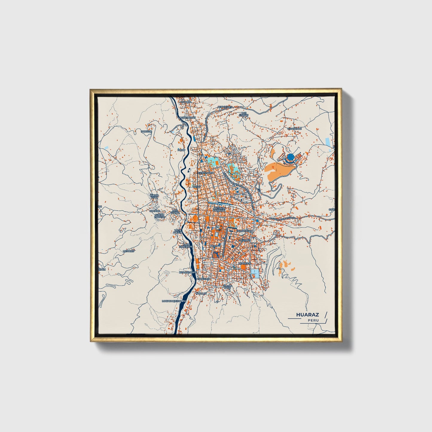 Huaraz Peru Colorful City Map Canvas Print • Gold Framed