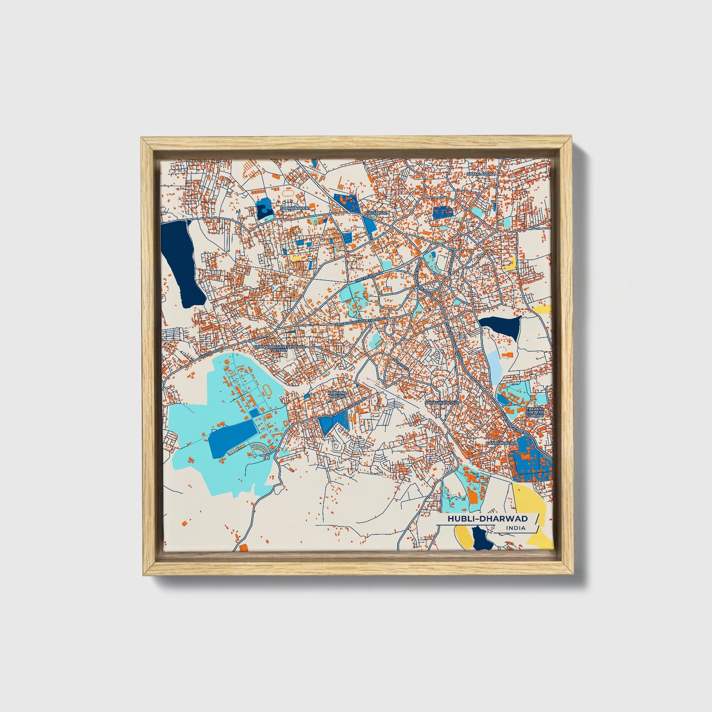Hubli–Dharwad India Colorful City Map Canvas Print • Natural Wooden Framed