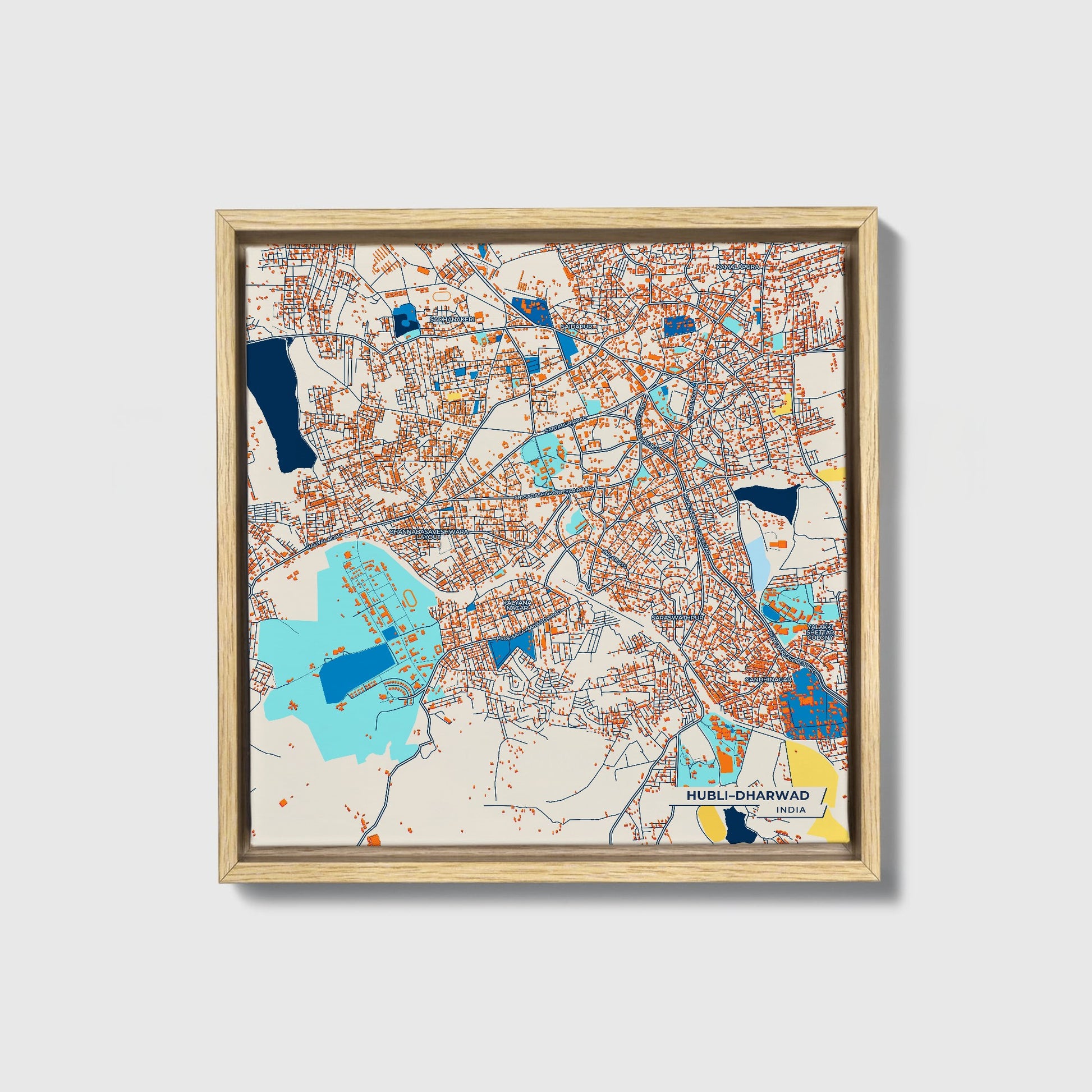 Hubli–Dharwad India Colorful City Map Canvas Print • Natural Wooden Framed