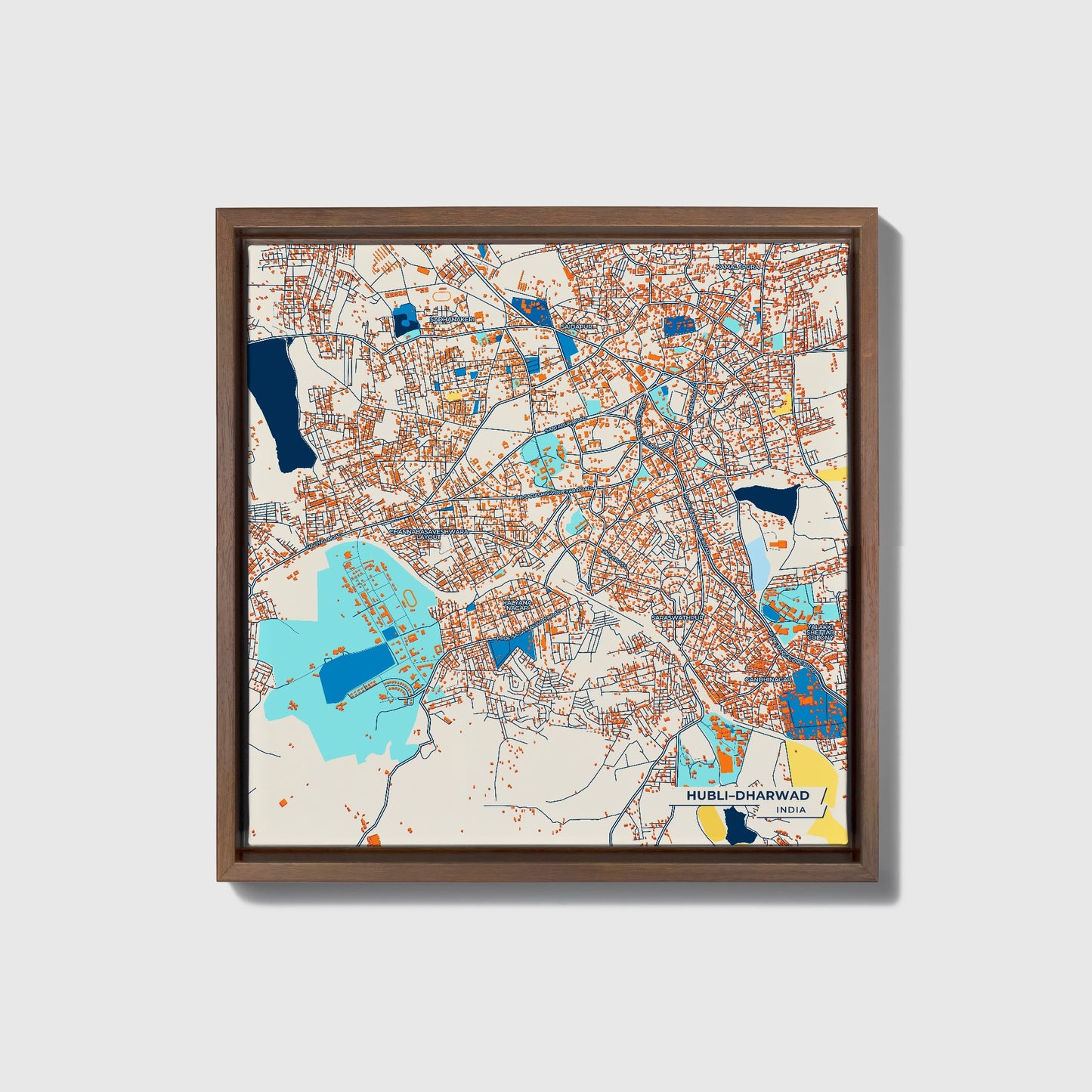 Hubli–Dharwad India Colorful City Map Canvas Print • Dark Wooden Framed