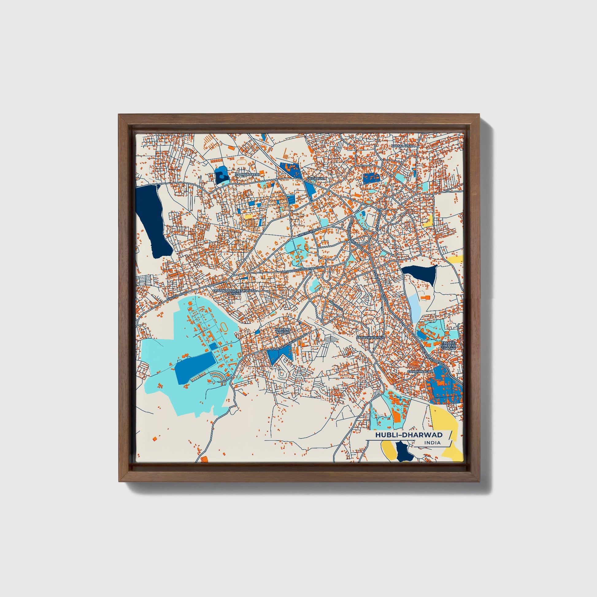 Hubli–Dharwad India Colorful City Map Canvas Print • Dark Wooden Framed