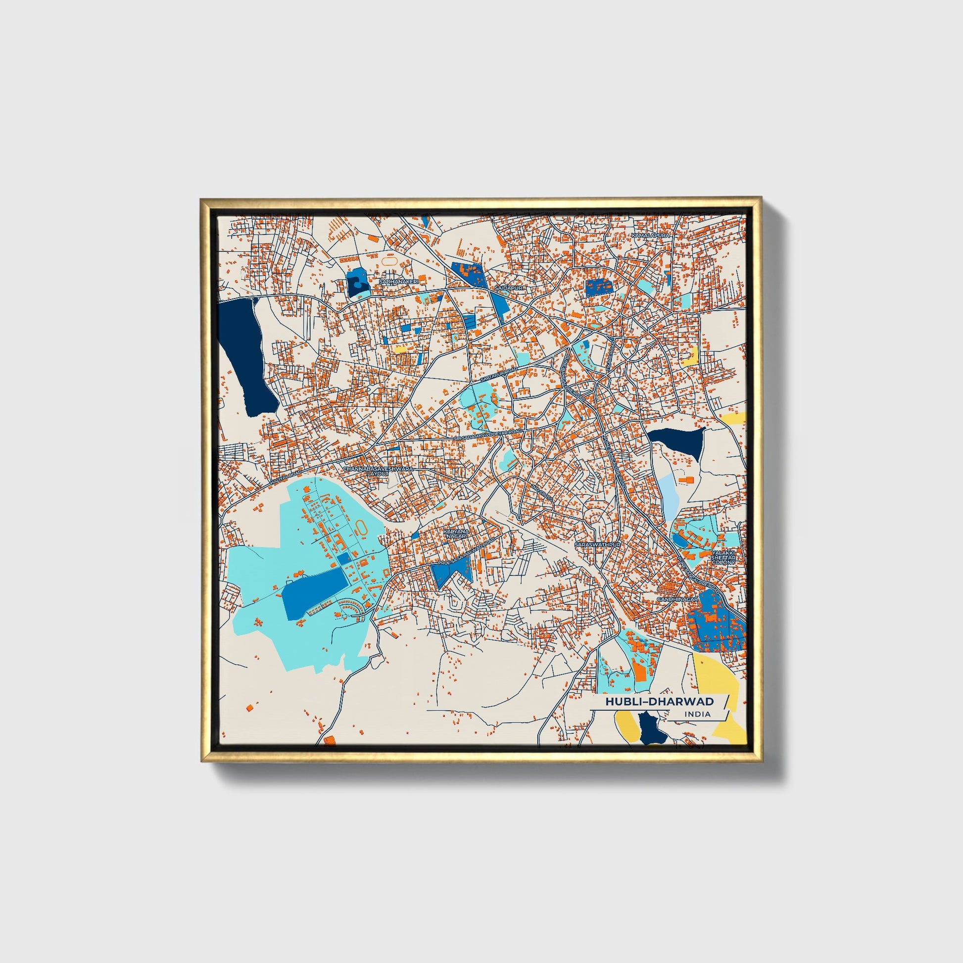 Hubli–Dharwad India Colorful City Map Canvas Print • Gold Framed