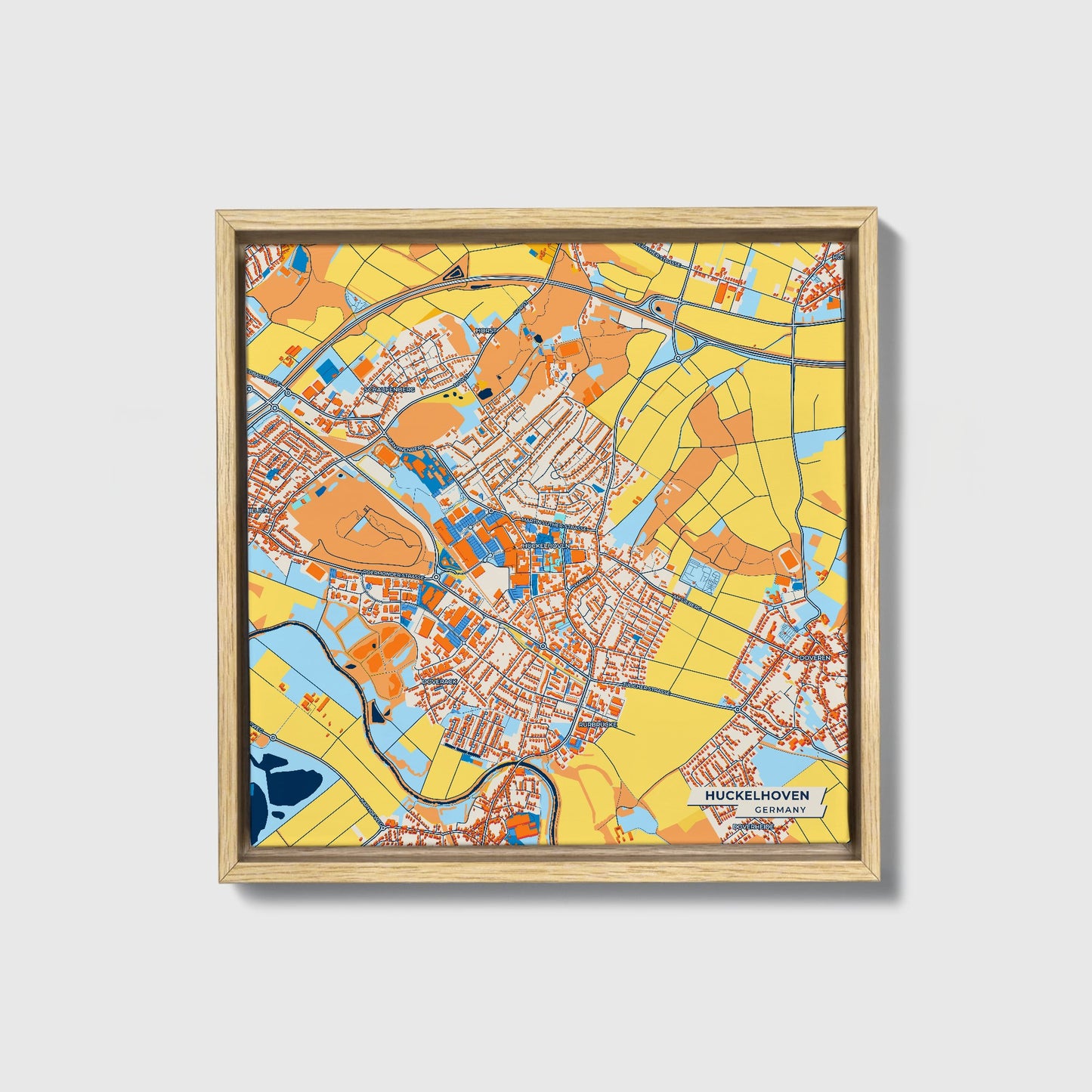 Hückelhoven Germany Colorful City Map Canvas Print • Natural Wooden Framed