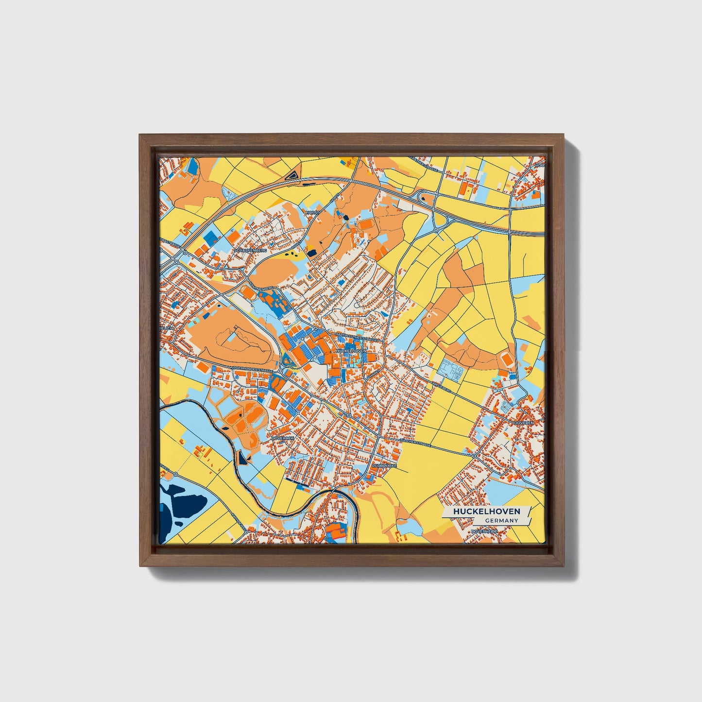Hückelhoven Germany Colorful City Map Canvas Print • Dark Wooden Framed