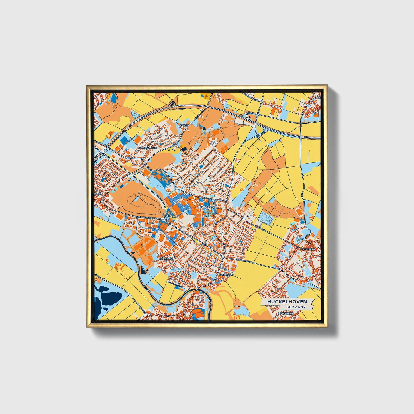 Hückelhoven Germany Colorful City Map Canvas Print • Gold Framed