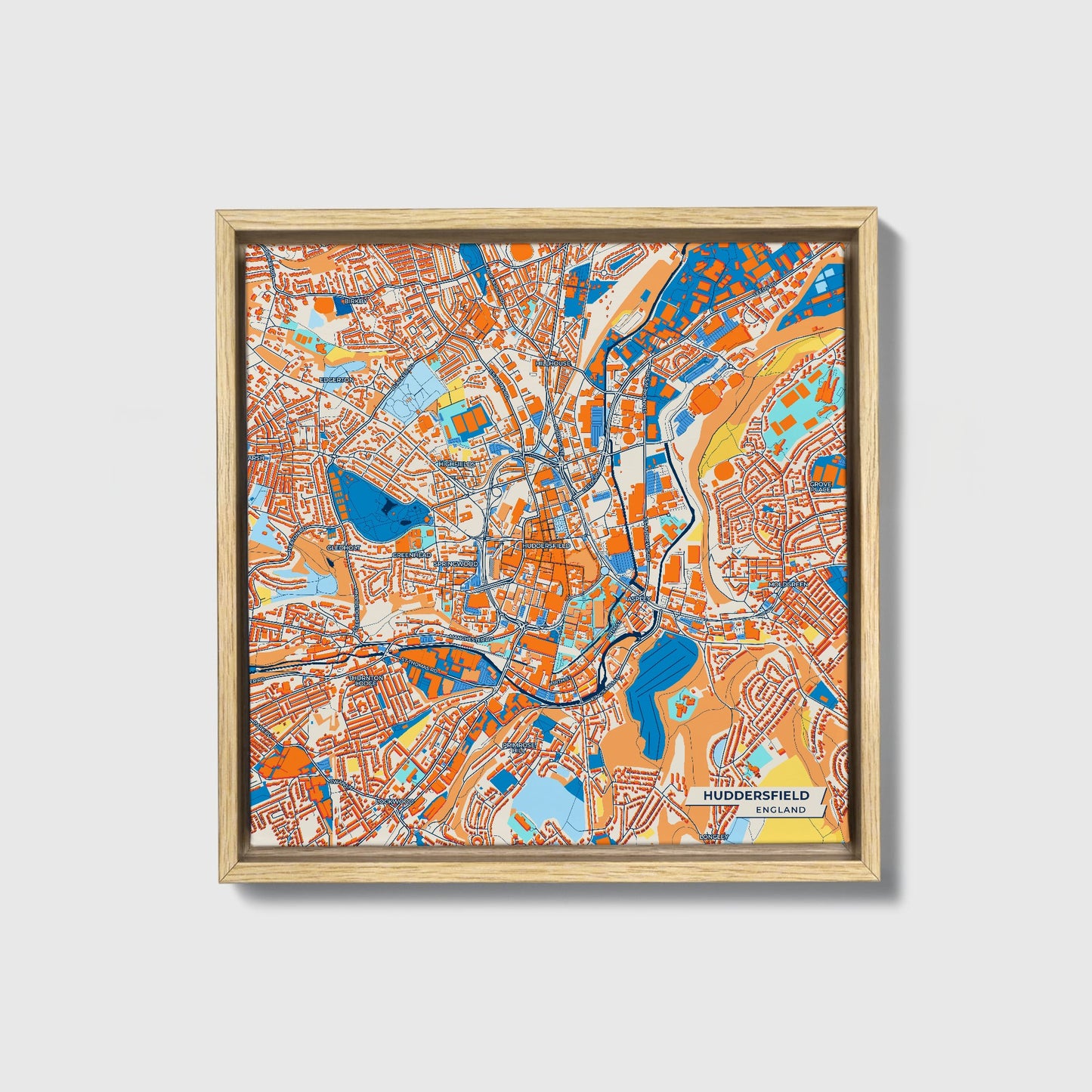 Huddersfield England Colorful City Map Canvas Print • Natural Wooden Framed