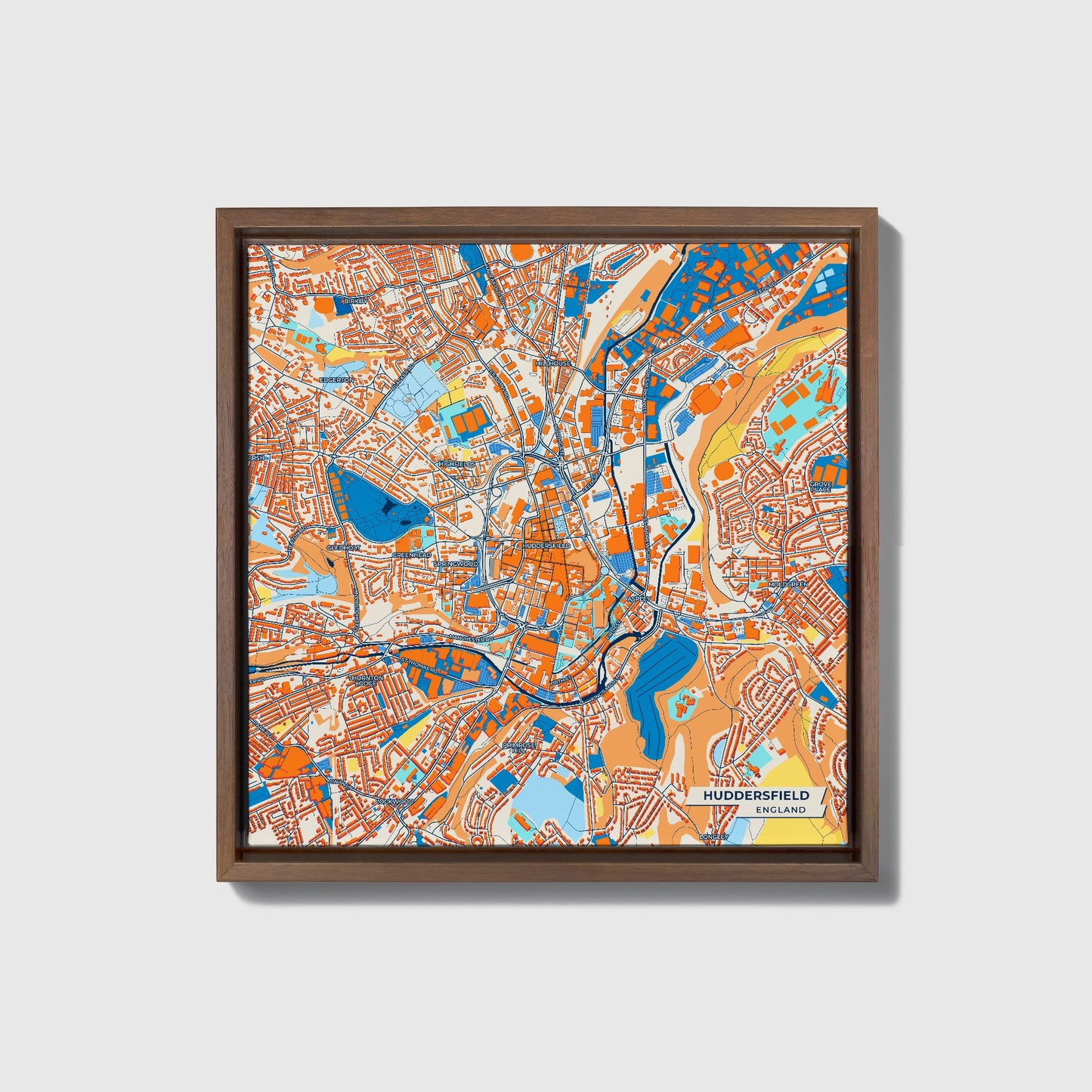 Huddersfield England Colorful City Map Canvas Print • Dark Wooden Framed