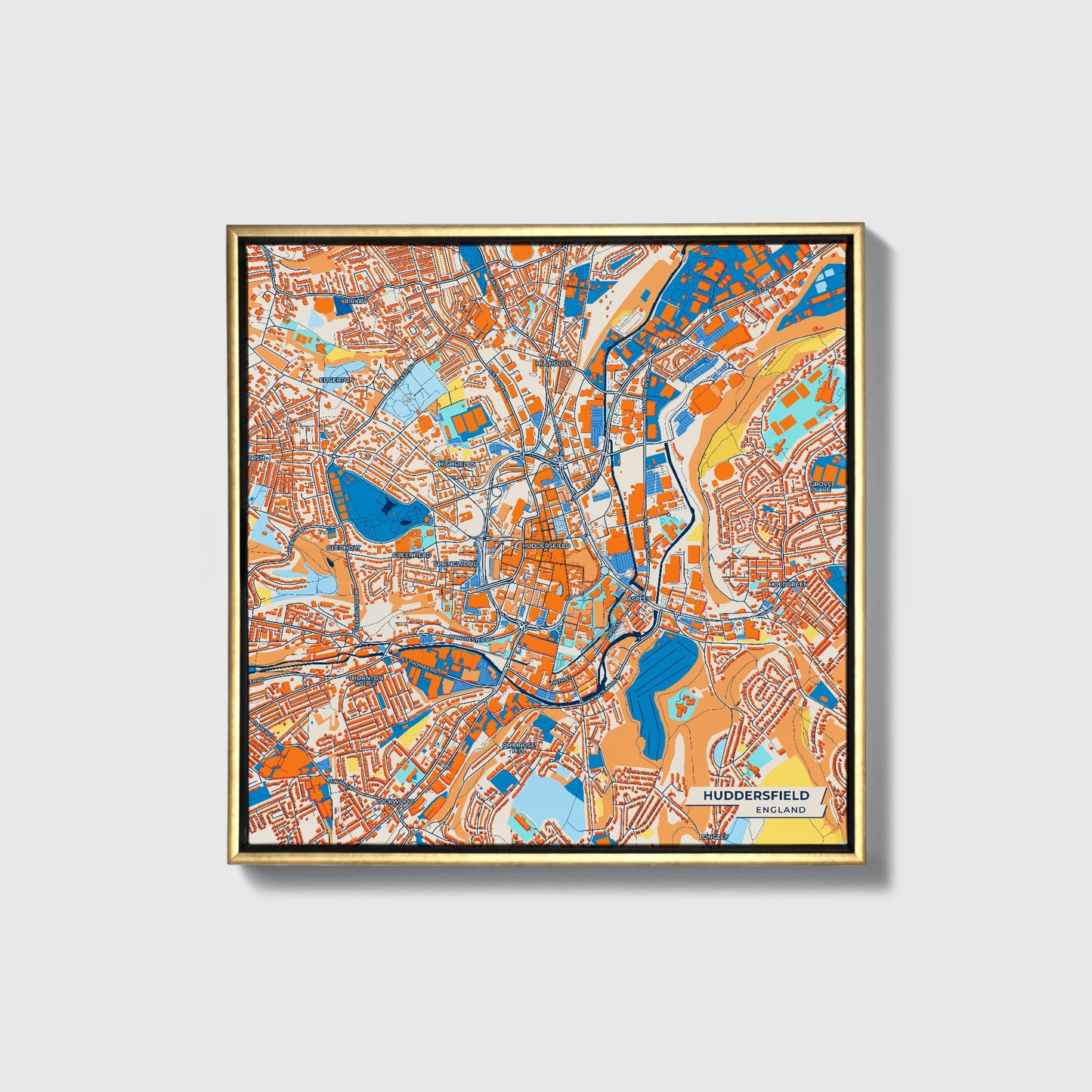 Huddersfield England Colorful City Map Canvas Print • Gold Framed