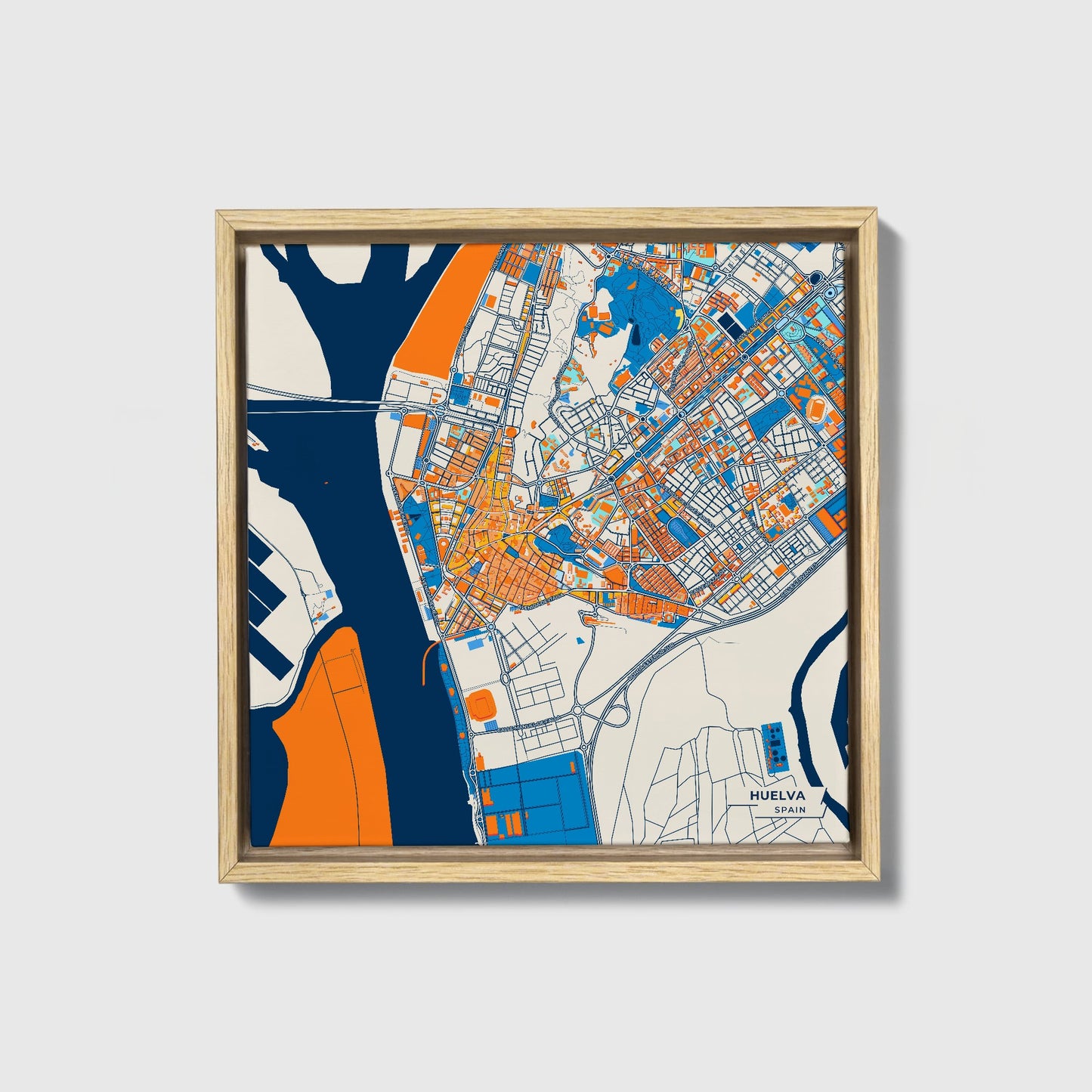 Huelva Spain Colorful City Map Canvas Print • Natural Wooden Framed