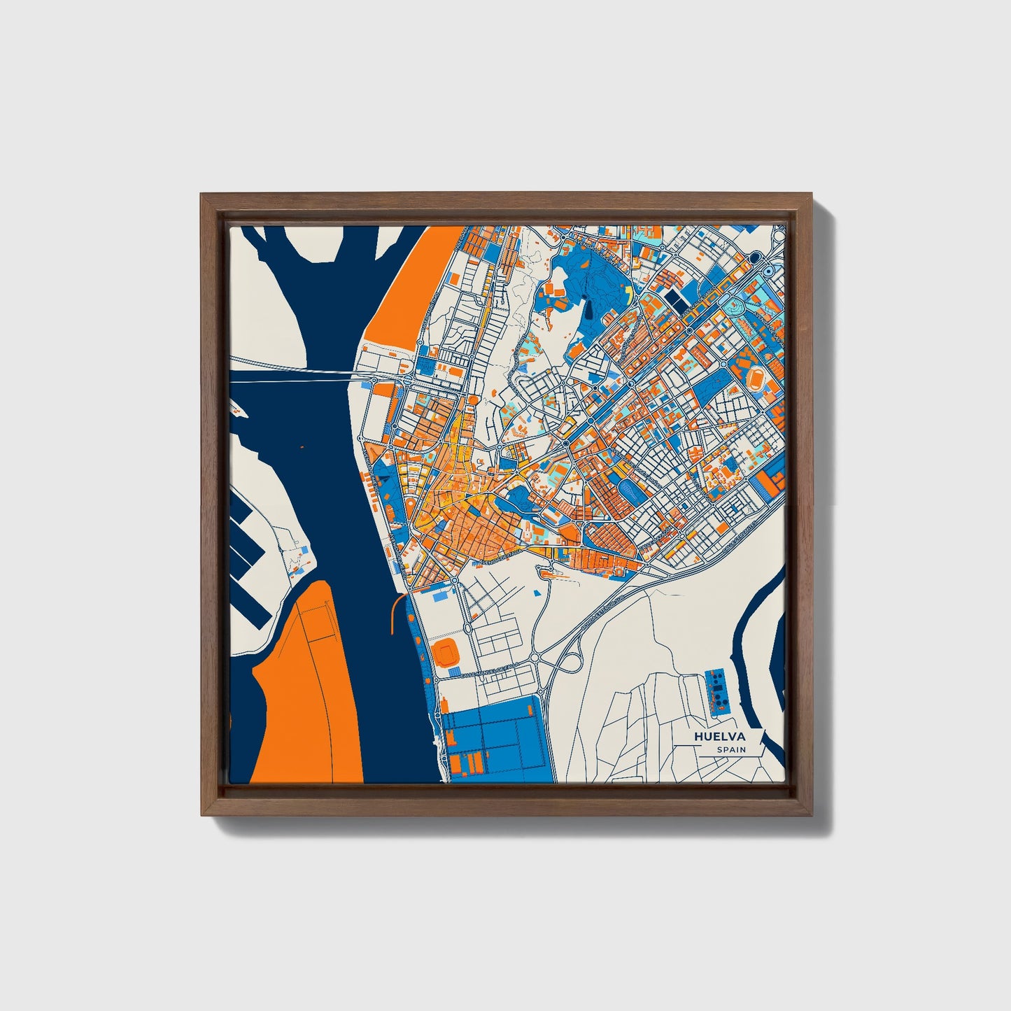 Huelva Spain Colorful City Map Canvas Print • Dark Wooden Framed