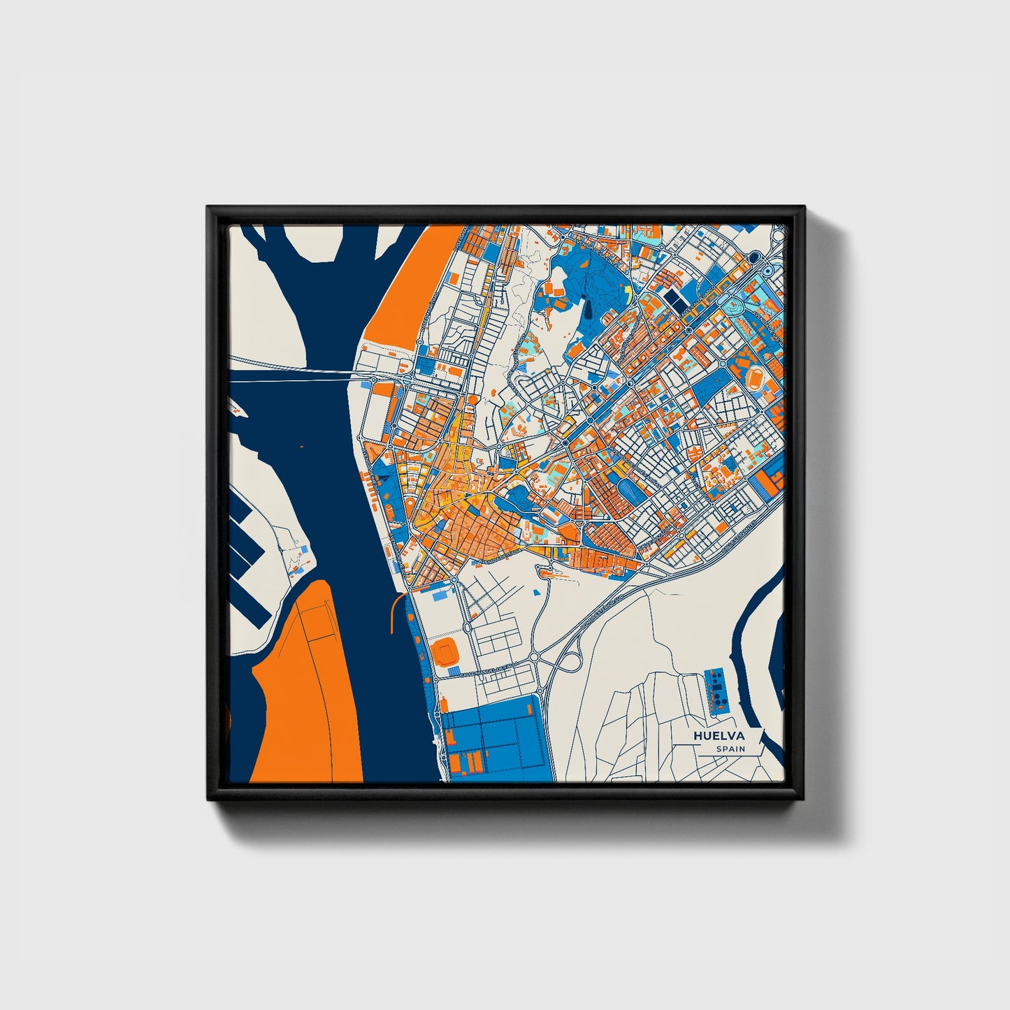 Huelva Spain Colorful City Map Canvas Print • Black Framed