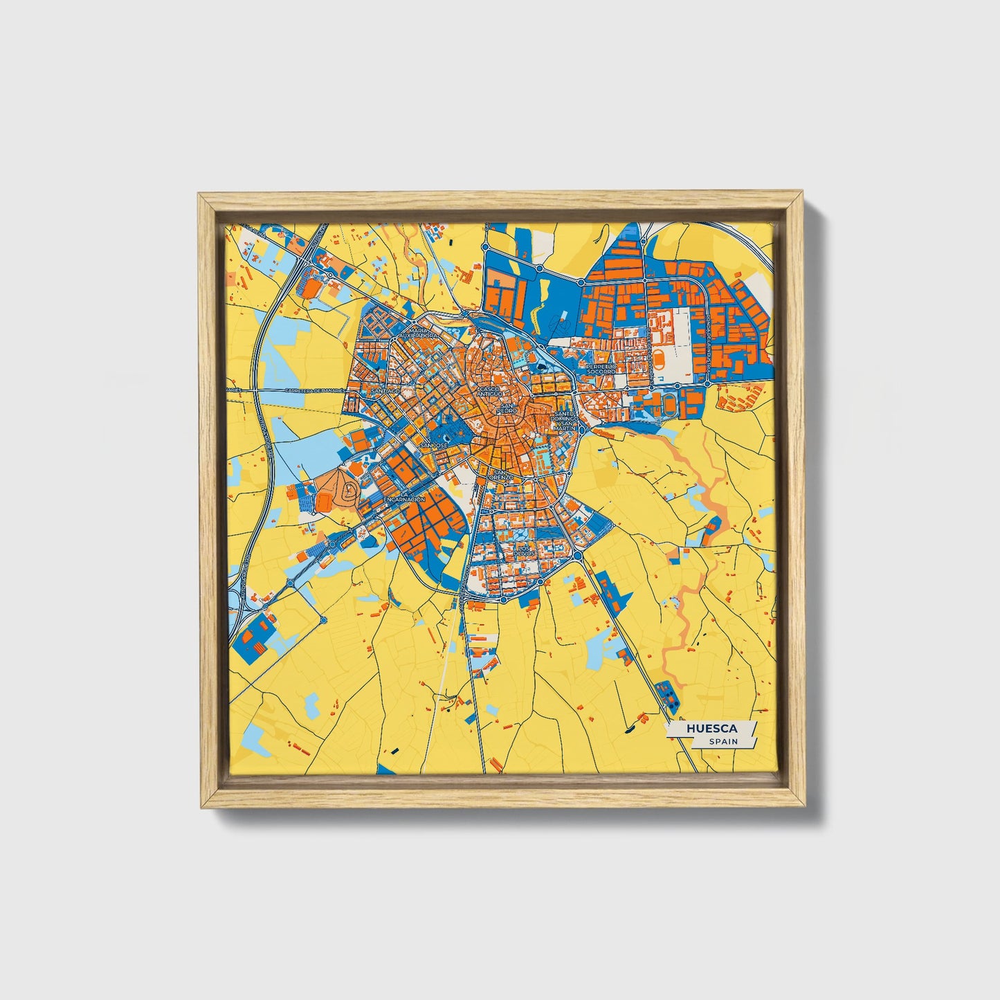 Huesca Spain Colorful City Map Canvas Print • Natural Wooden Framed