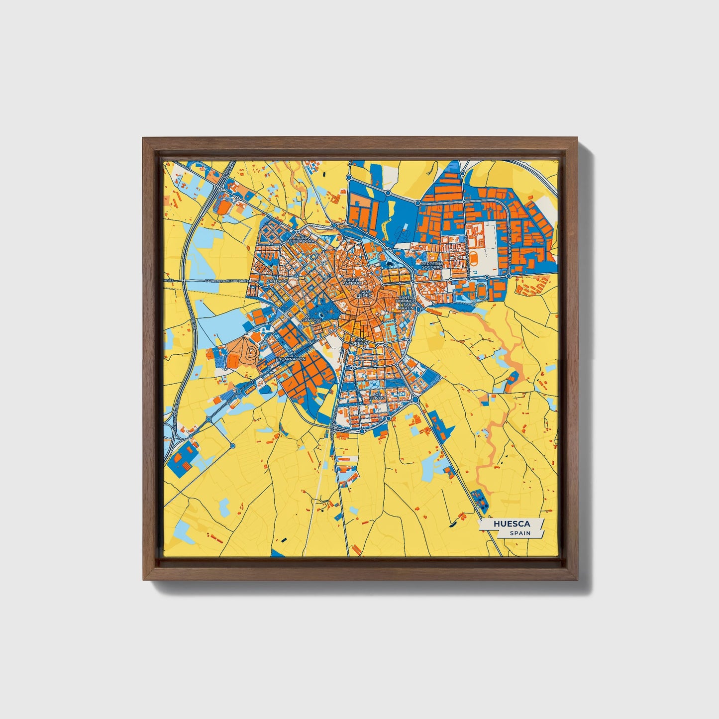 Huesca Spain Colorful City Map Canvas Print • Dark Wooden Framed