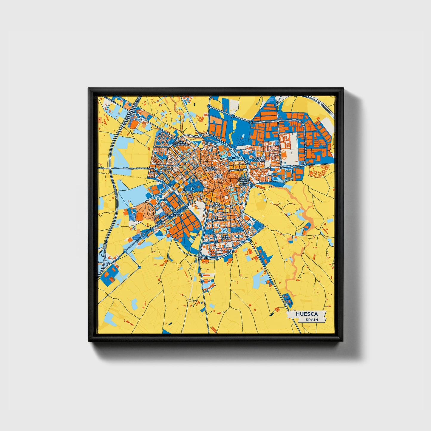 Huesca Spain Colorful City Map Canvas Print • Black Framed