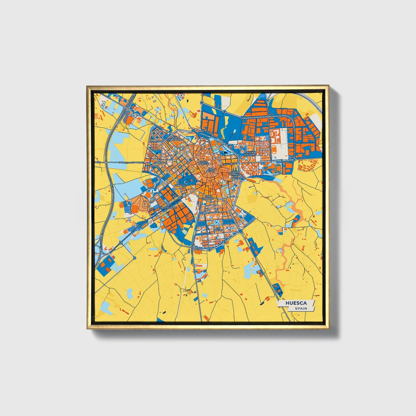 Huesca Spain Colorful City Map Canvas Print • Gold Framed
