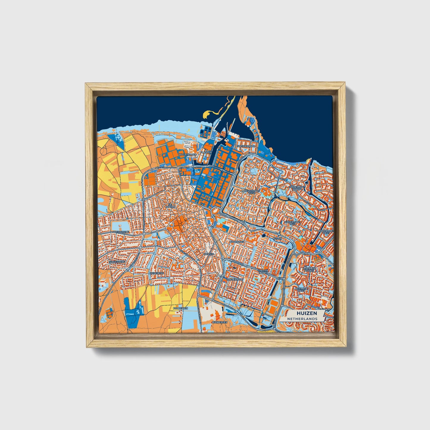 Huizen Netherlands Colorful City Map Canvas Print • Natural Wooden Framed