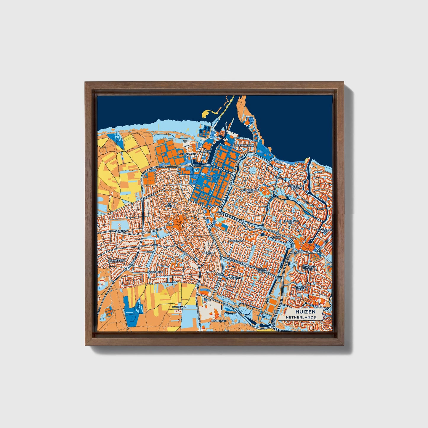 Huizen Netherlands Colorful City Map Canvas Print • Dark Wooden Framed