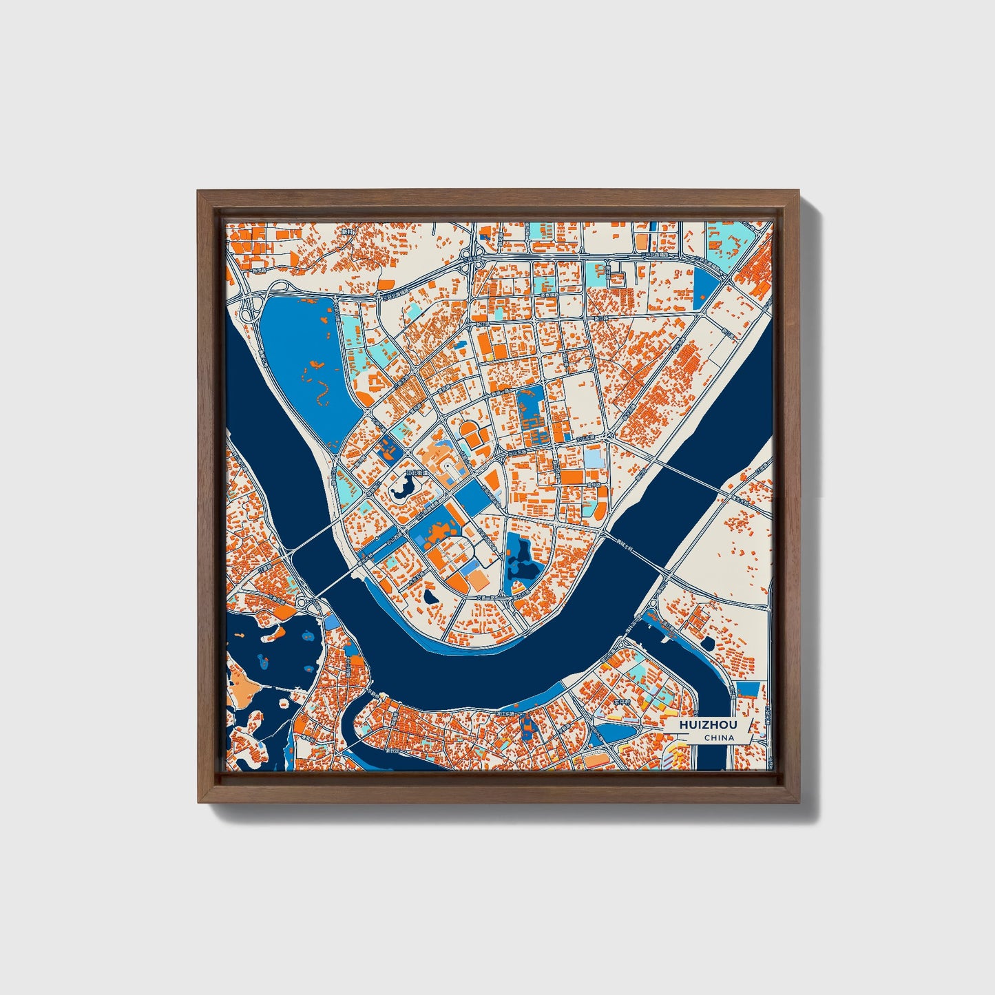 Huizhou China Colorful City Map Canvas Print • Dark Wooden Framed