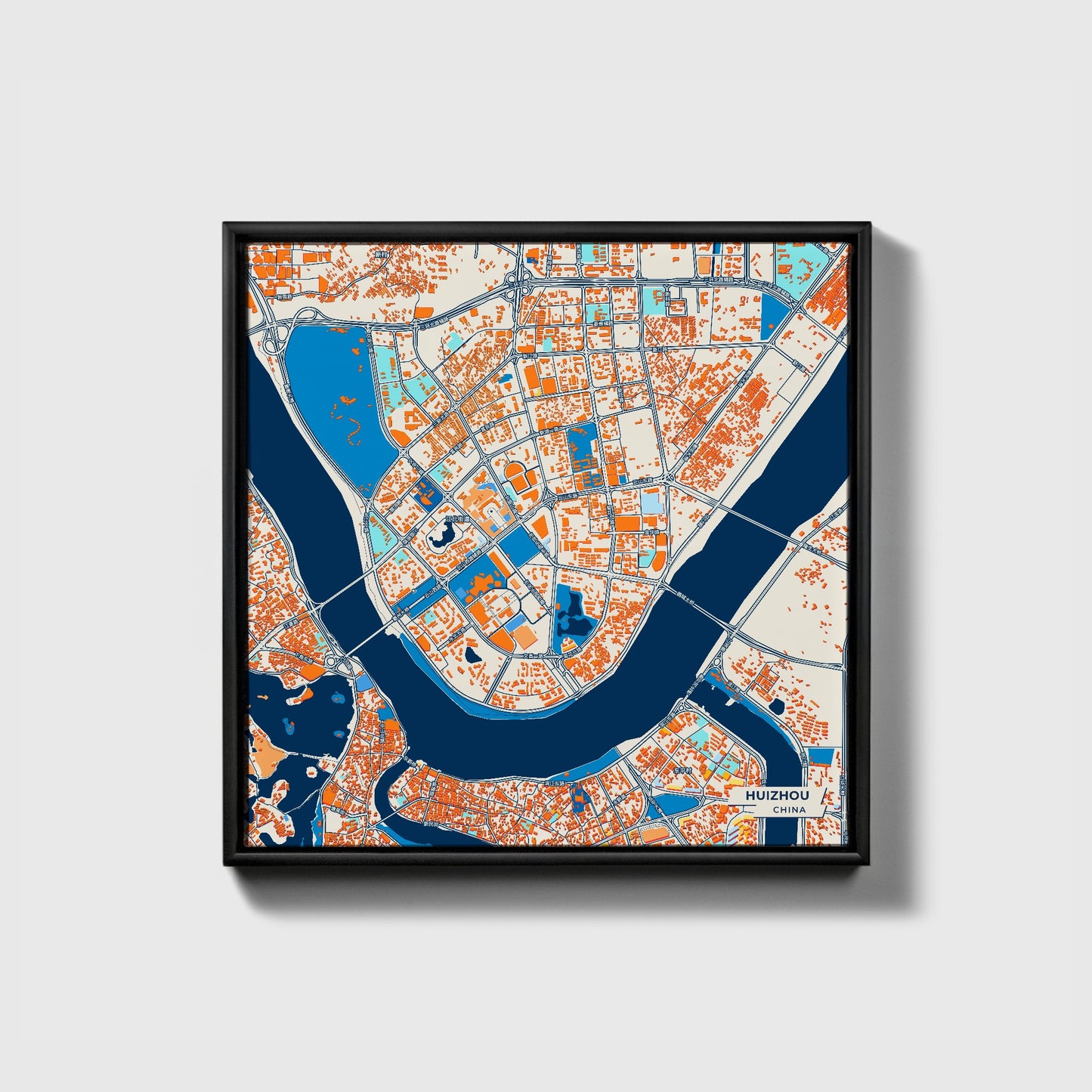 Huizhou China Colorful City Map Canvas Print • Black Framed