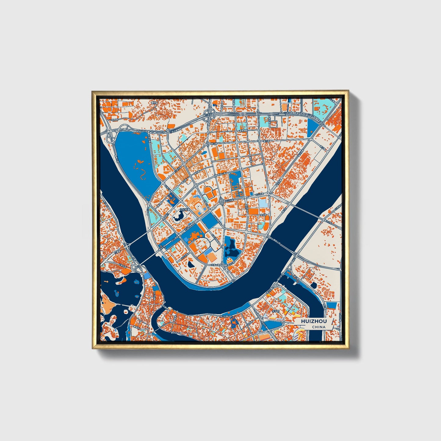 Huizhou China Colorful City Map Canvas Print • Gold Framed