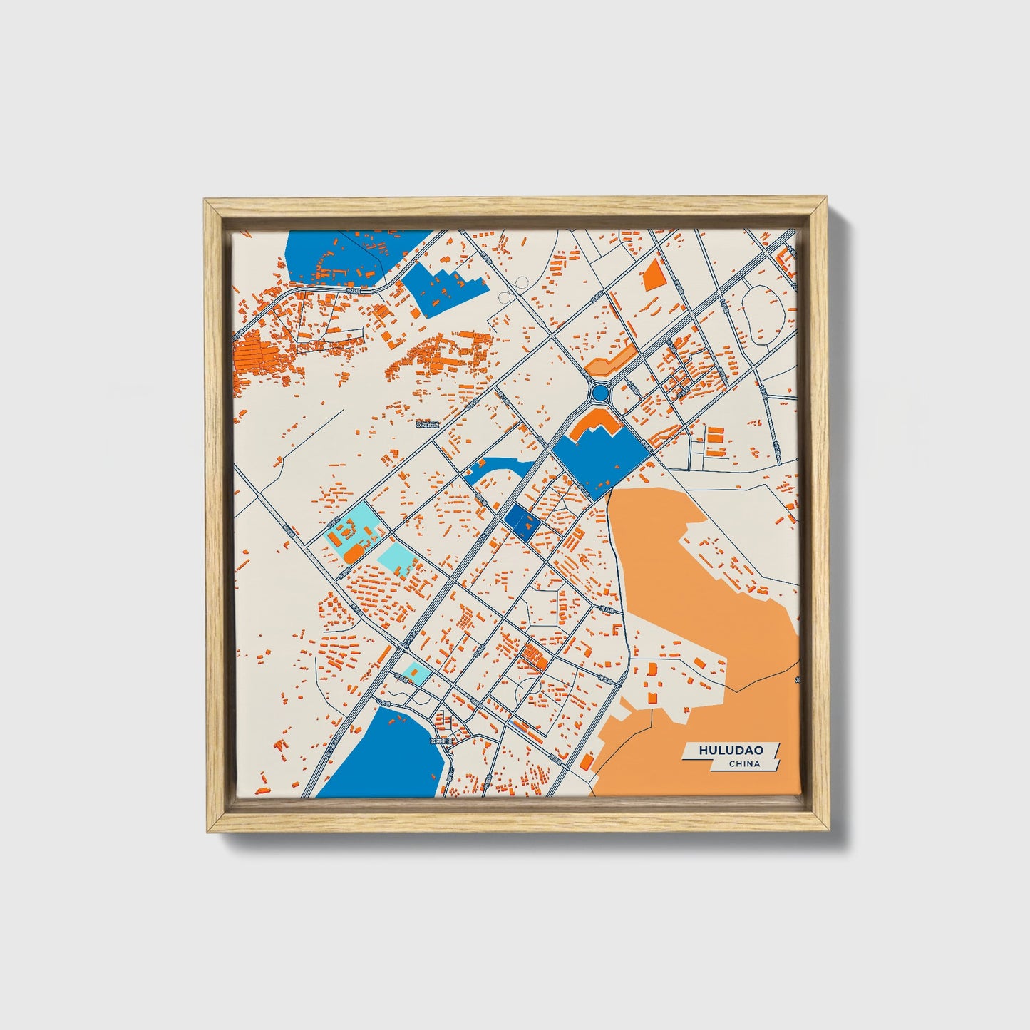 Huludao China Colorful City Map Canvas Print • Natural Wooden Framed