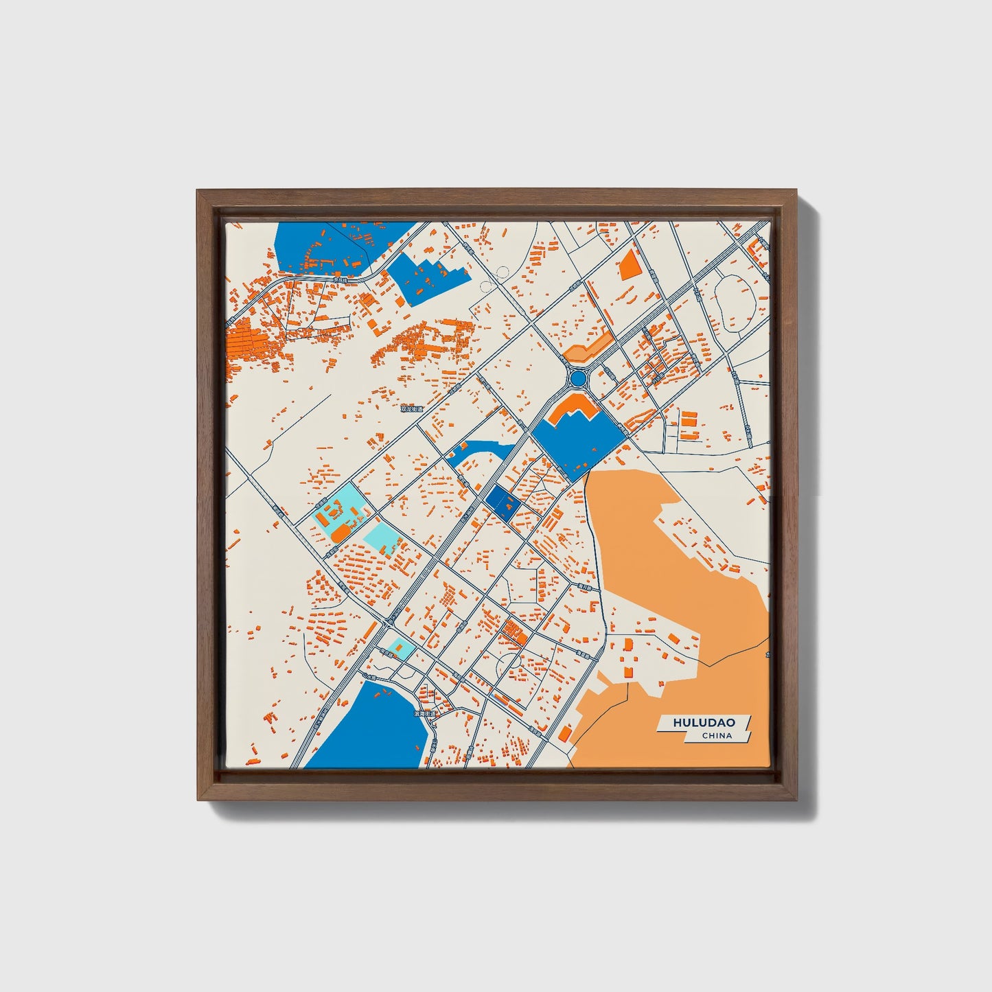Huludao China Colorful City Map Canvas Print • Dark Wooden Framed