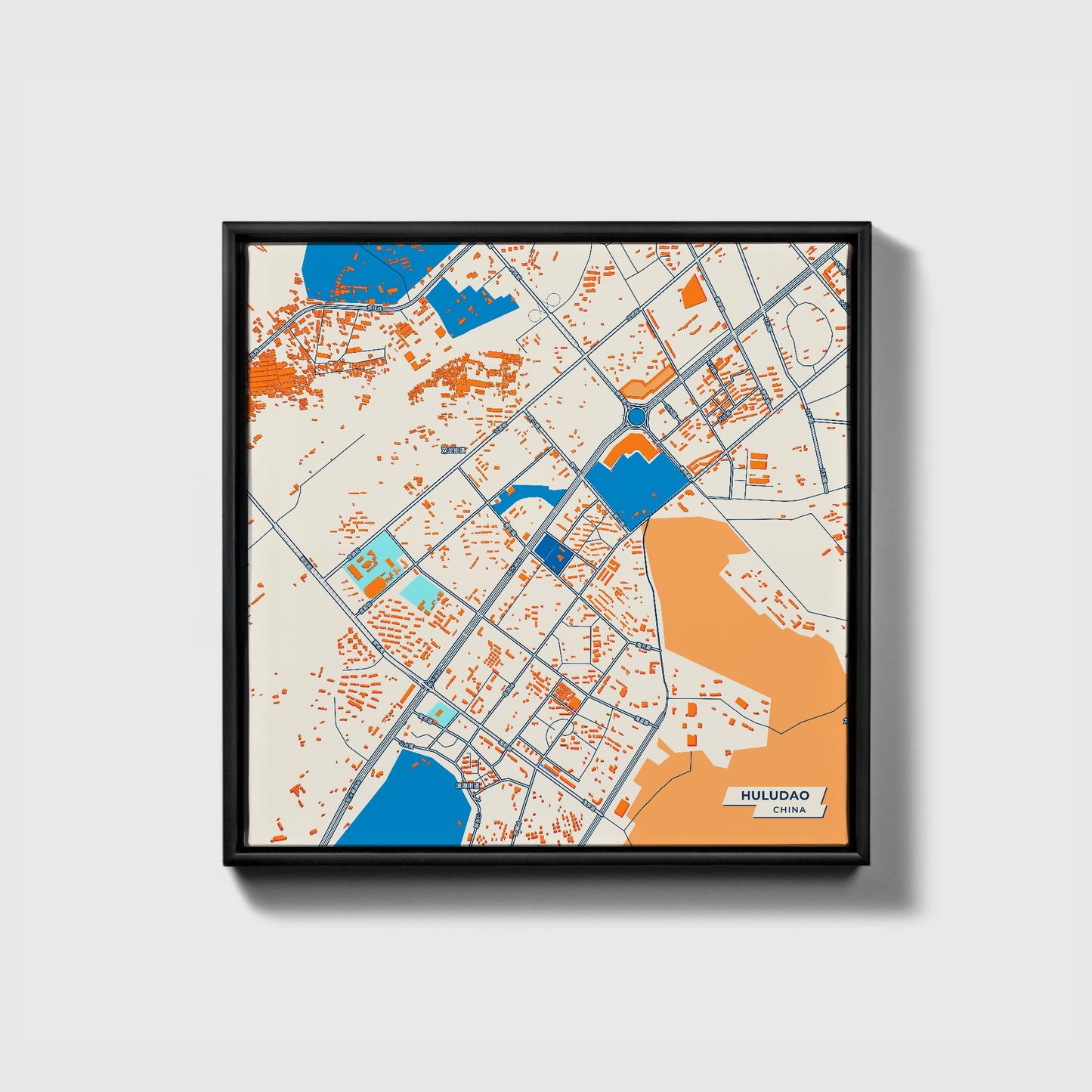 Huludao China Colorful City Map Canvas Print • Black Framed