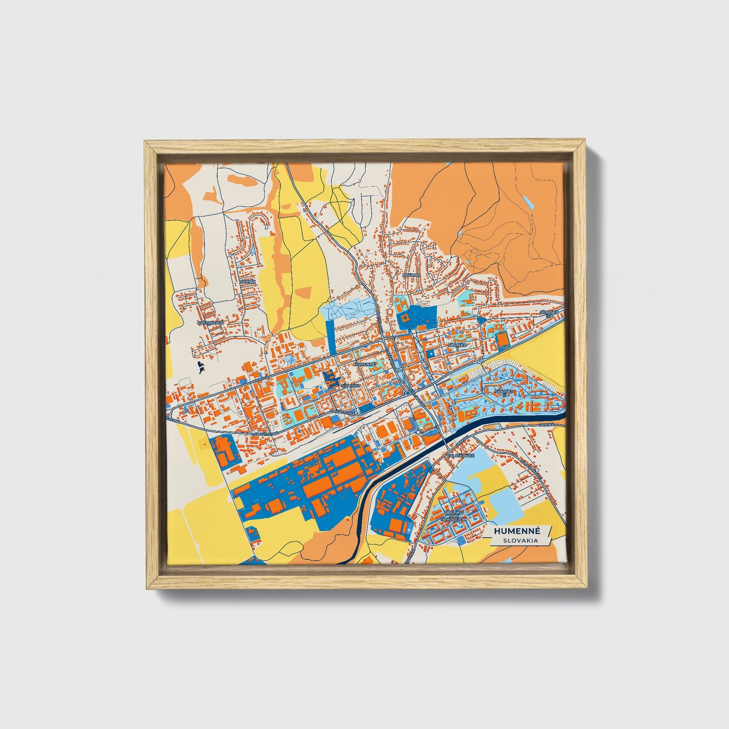 Humenné Slovakia Colorful City Map Canvas Print • Natural Wooden Framed