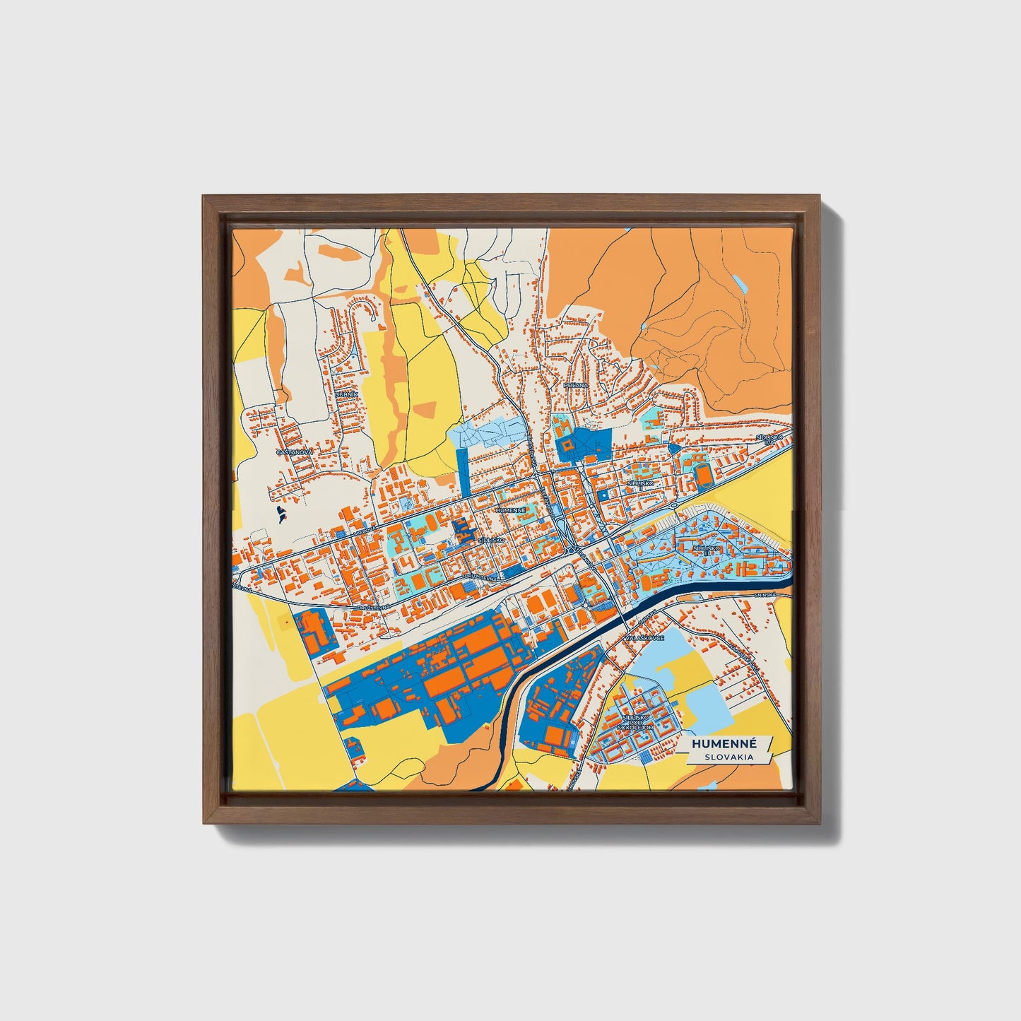 Humenné Slovakia Colorful City Map Canvas Print • Dark Wooden Framed