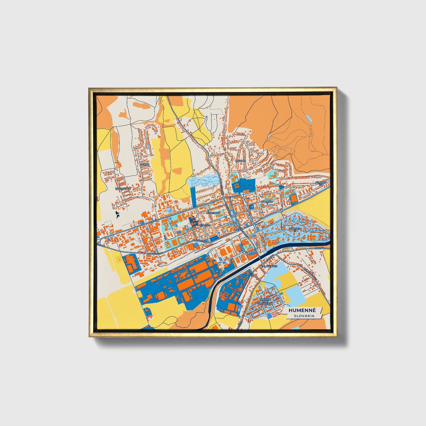Humenné Slovakia Colorful City Map Canvas Print • Gold Framed