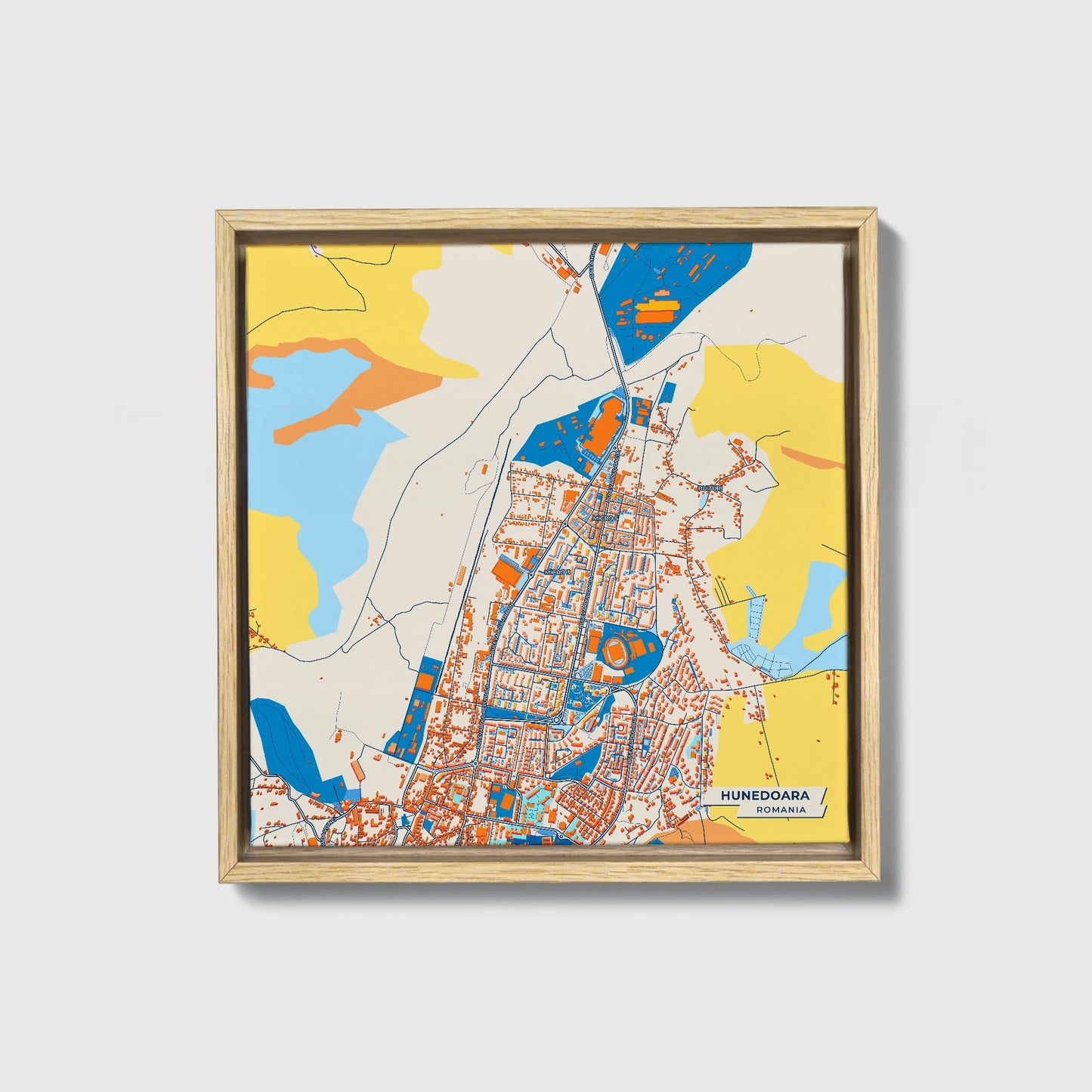 Hunedoara Romania Colorful City Map Canvas Print • Natural Wooden Framed