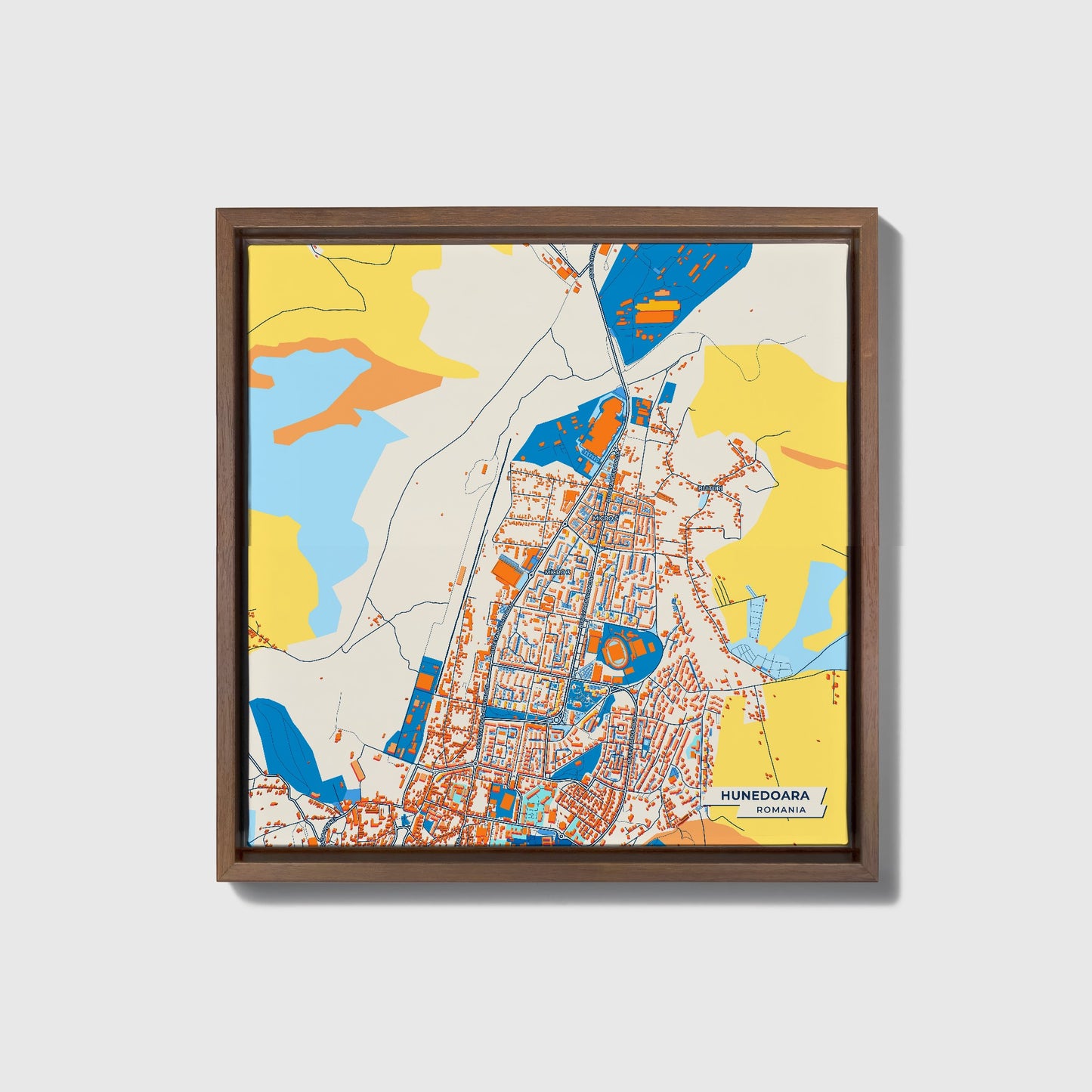 Hunedoara Romania Colorful City Map Canvas Print • Dark Wooden Framed