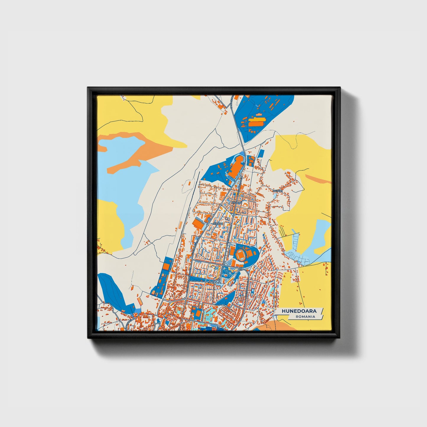 Hunedoara Romania Colorful City Map Canvas Print • Black Framed