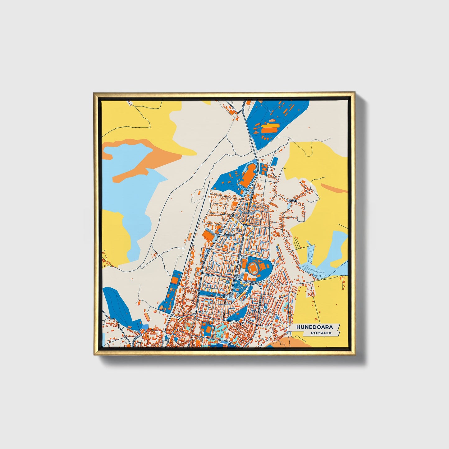 Hunedoara Romania Colorful City Map Canvas Print • Gold Framed