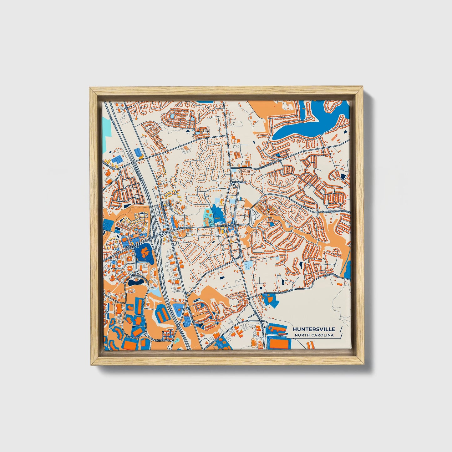 Huntersville North Carolina Colorful City Map Canvas Print • Natural Wooden Framed