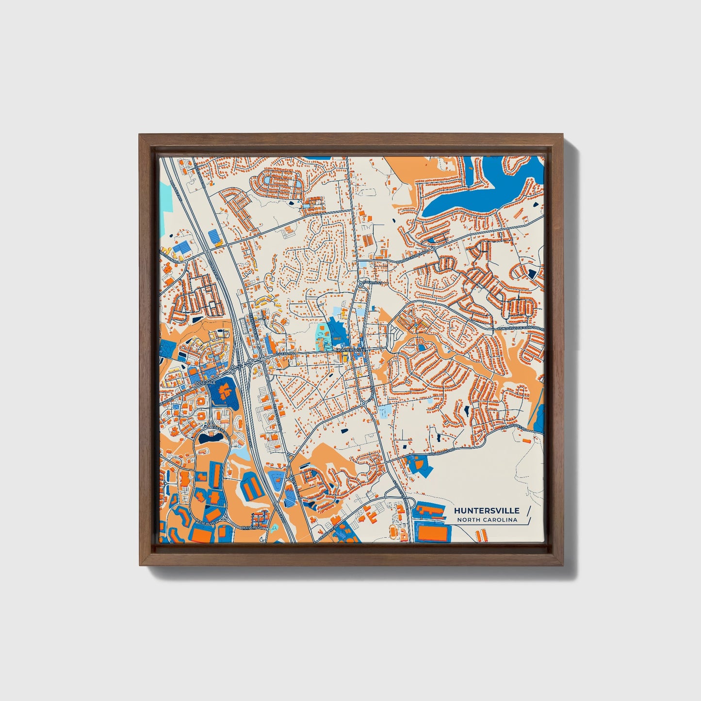 Huntersville North Carolina Colorful City Map Canvas Print • Dark Wooden Framed