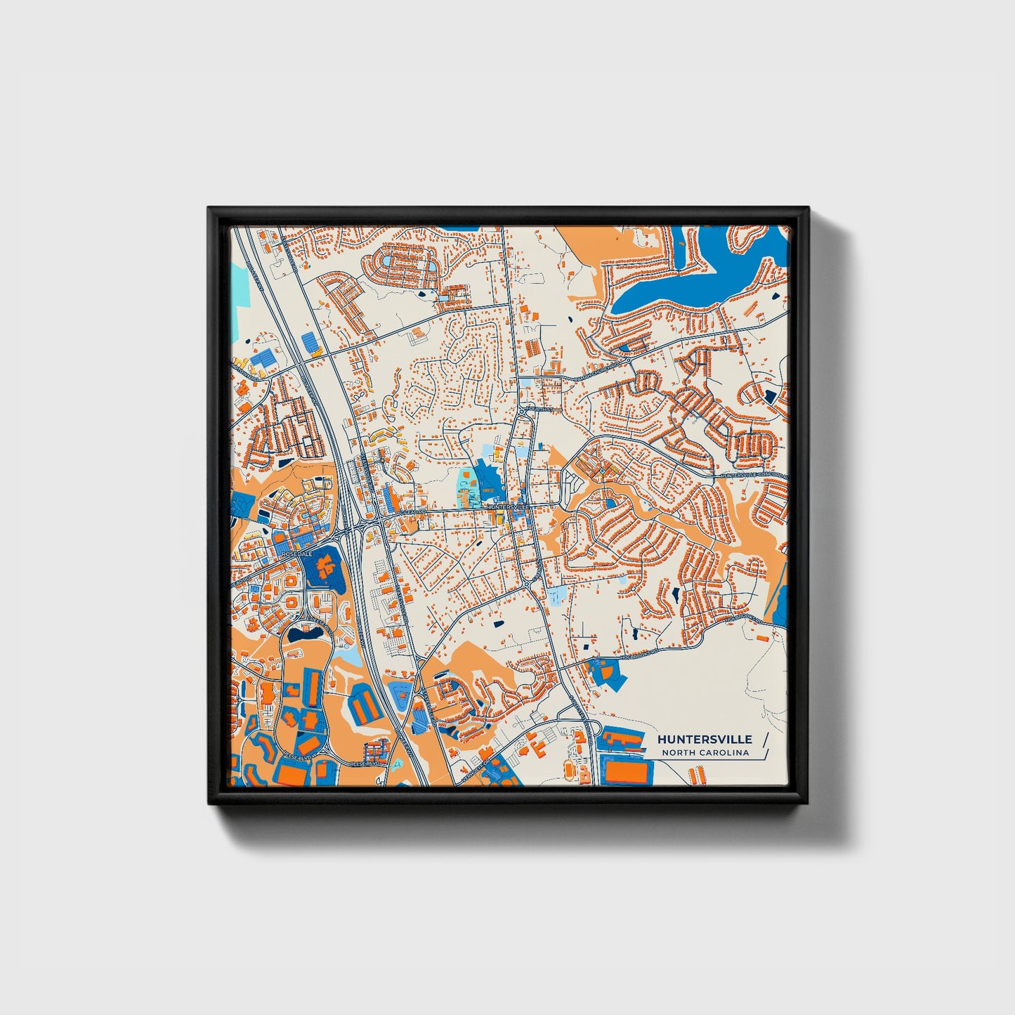 Huntersville North Carolina Colorful City Map Canvas Print • Black Framed
